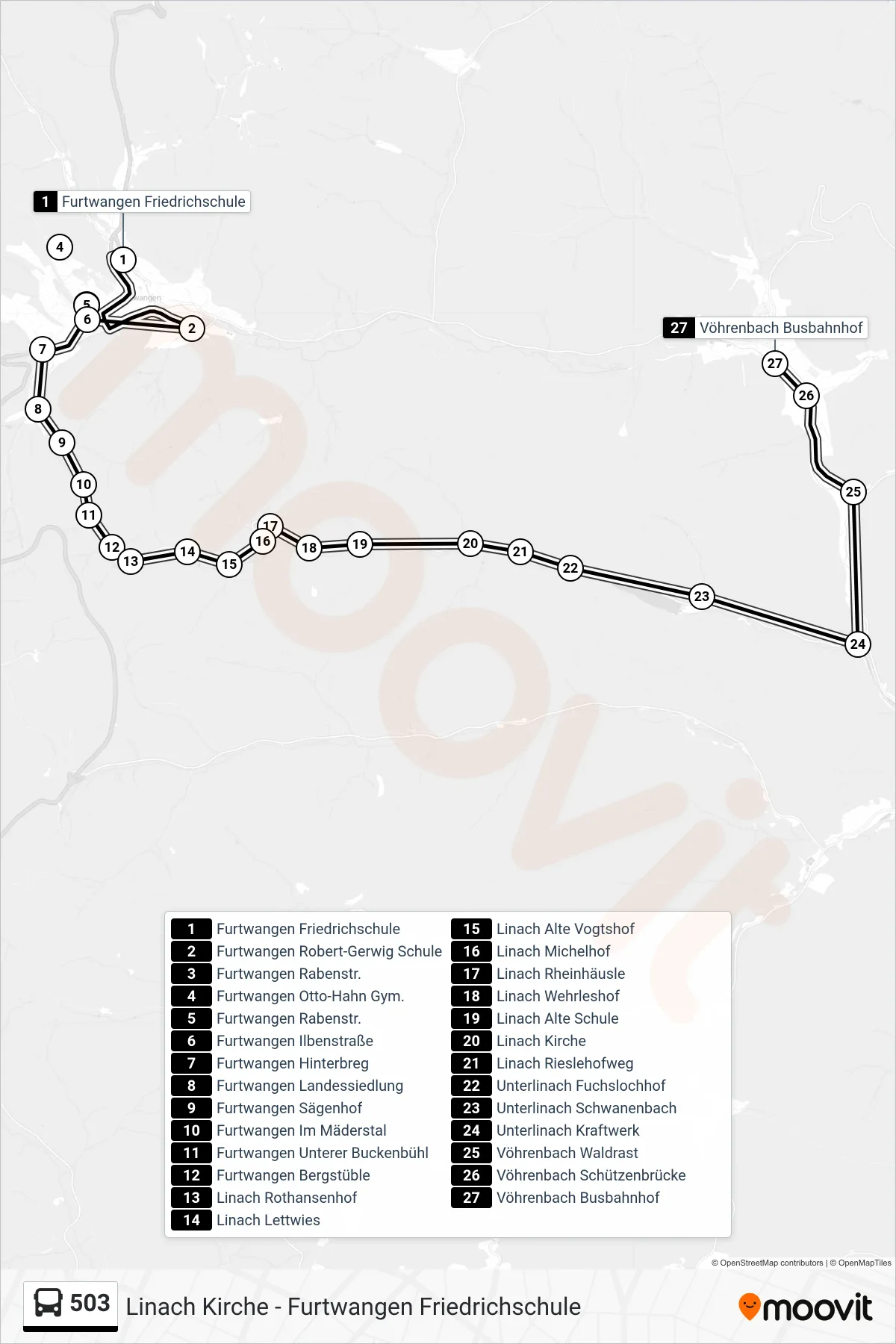 503 bus Line (Vöhrenbach Busbahnhof) route and stops on a map