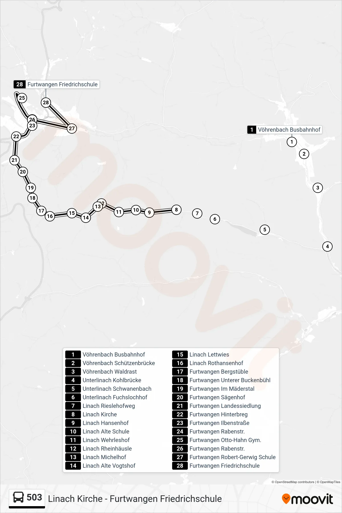 503 bus Line (Furtwangen Friedrichschule) route and stops on a map
