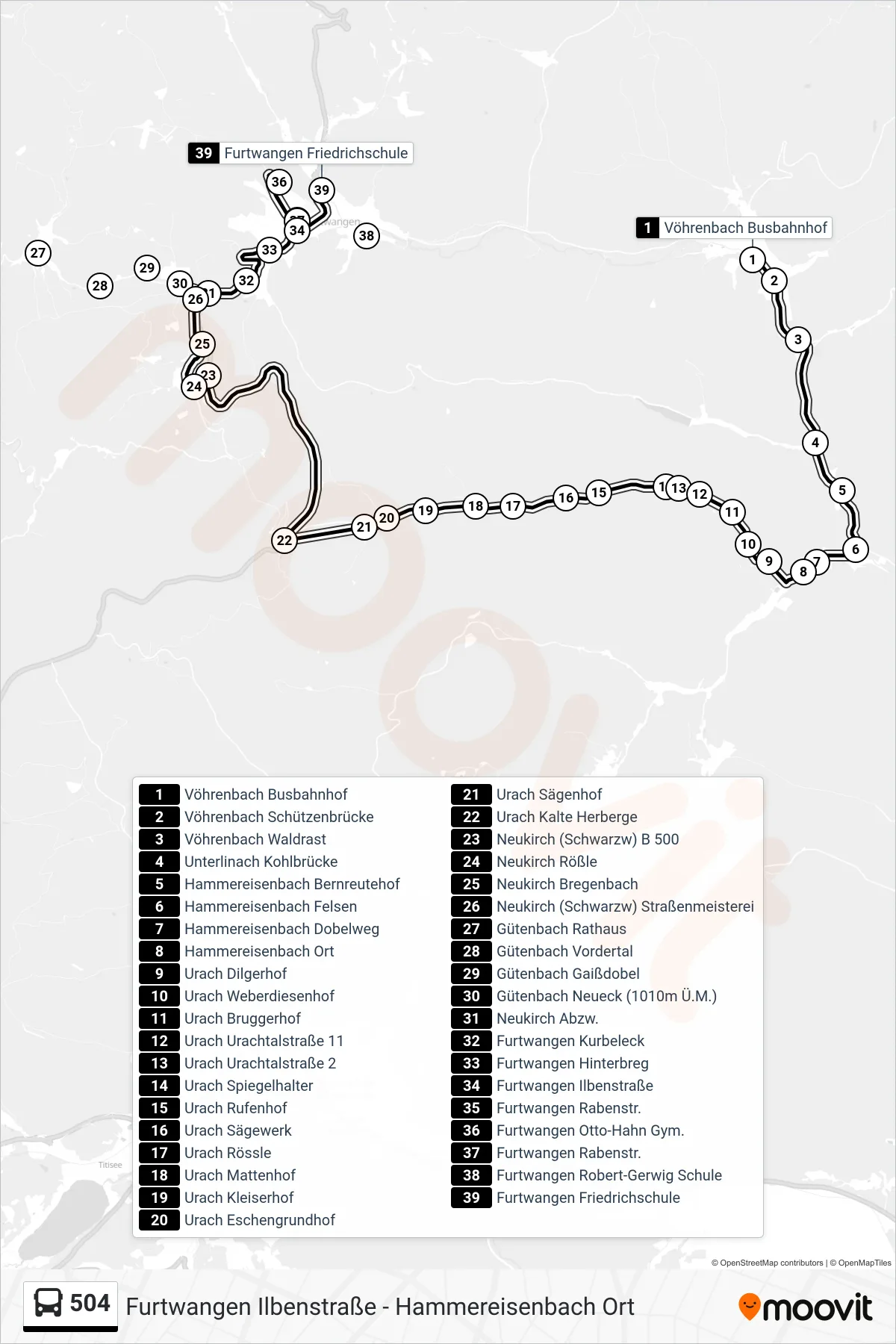 504 bus Line (Furtwangen Friedrichschule) route and stops on a map