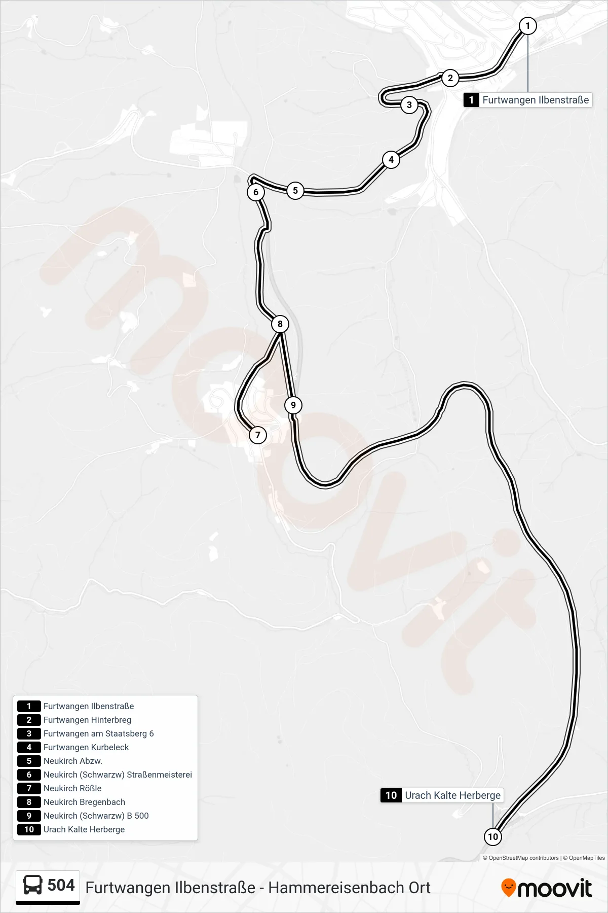 504 bus Line (Urach Kalte Herberge) route and stops on a map