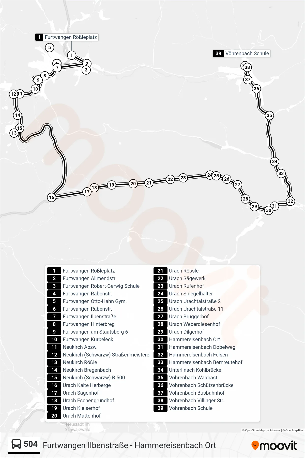 504 bus Line (Vöhrenbach Schule) route and stops on a map