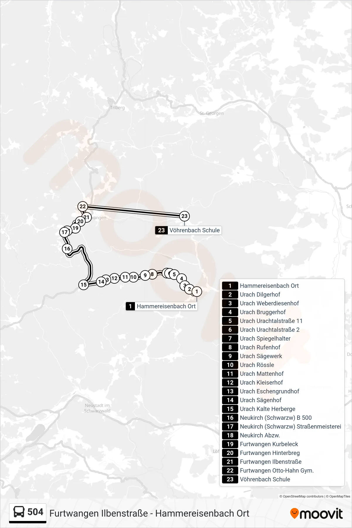 504 bus Line (Vöhrenbach Schule) route and stops on a map