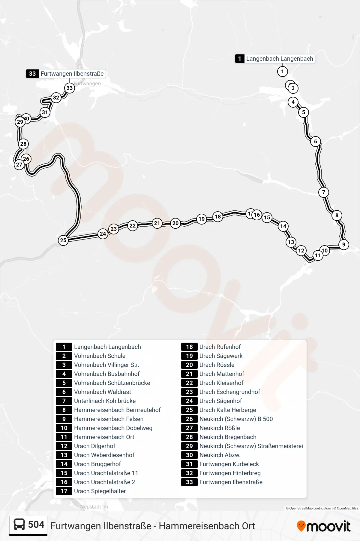 Linie 504 (Bus) Richtung Furtwangen Ilbenstraße: Route und Haltestellen auf der Karte