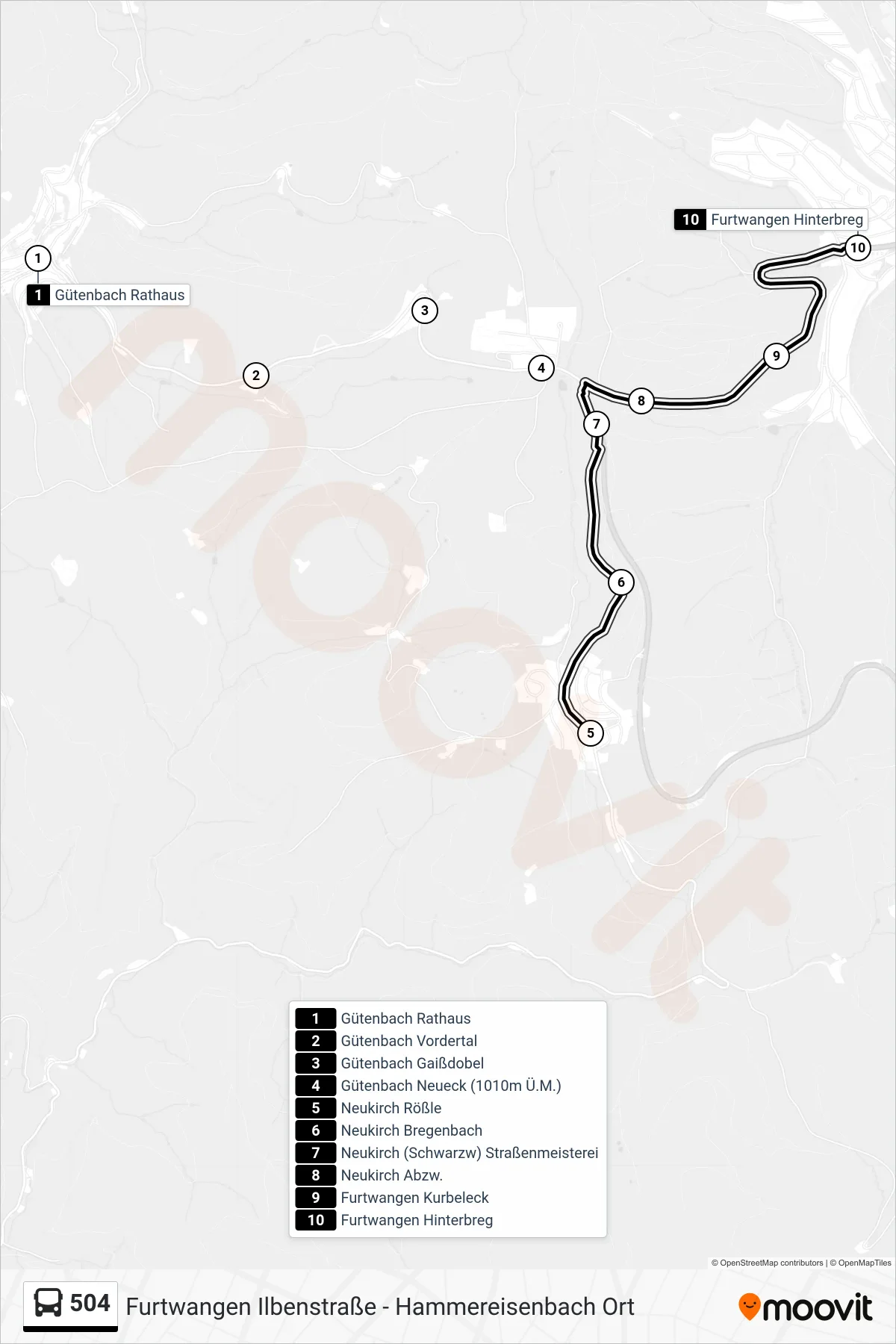 504 bus Line (Furtwangen Hinterbreg) route and stops on a map