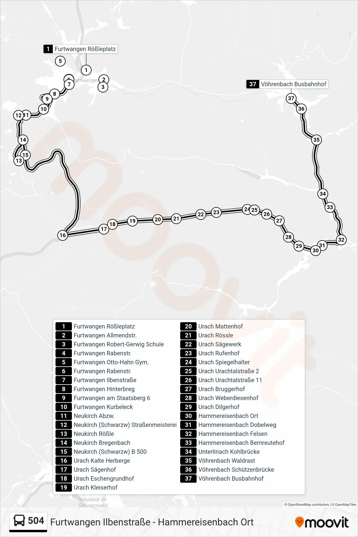 504 bus Line (Vöhrenbach Busbahnhof) route and stops on a map