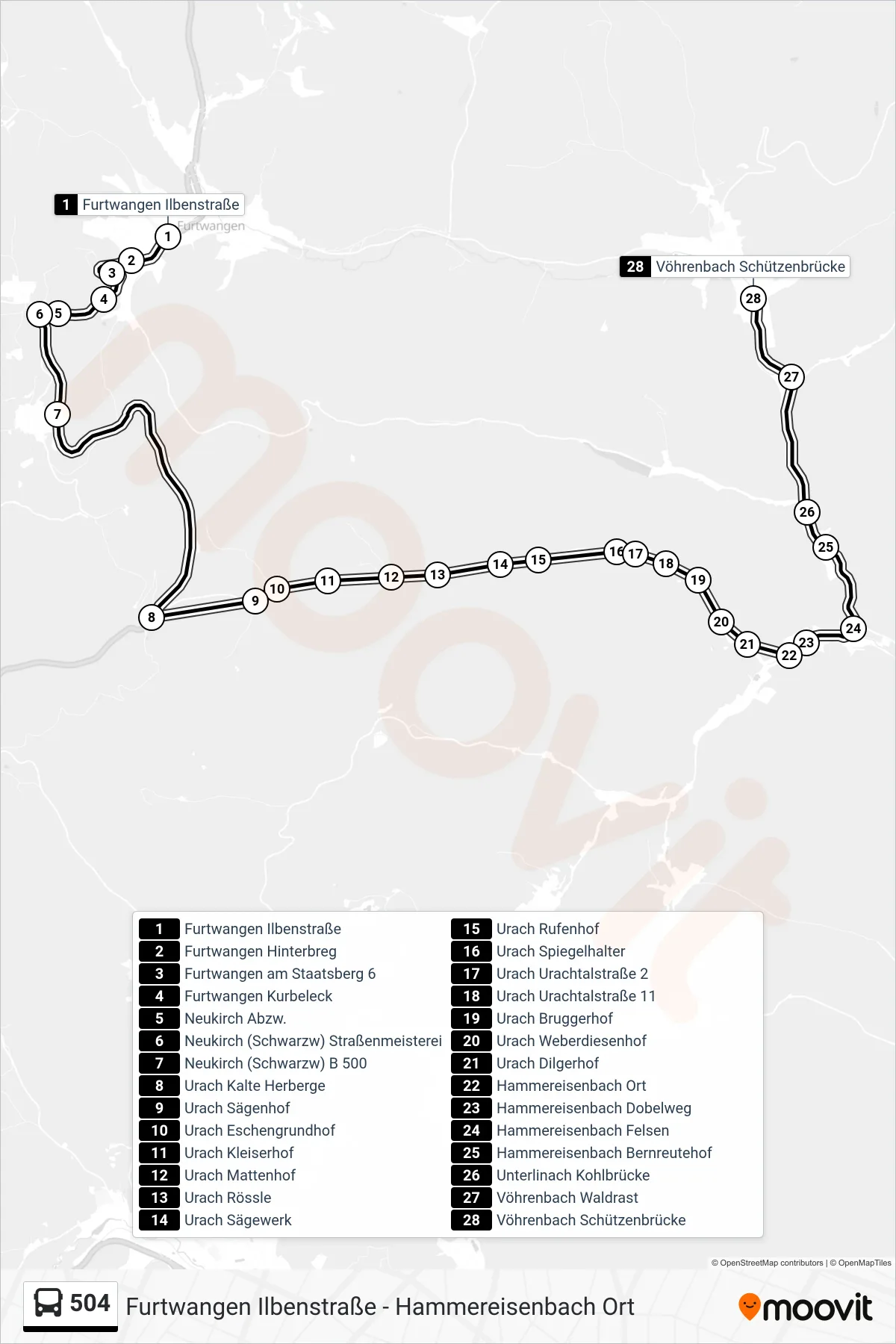 504 bus Line (Vöhrenbach Schützenbrücke) route and stops on a map