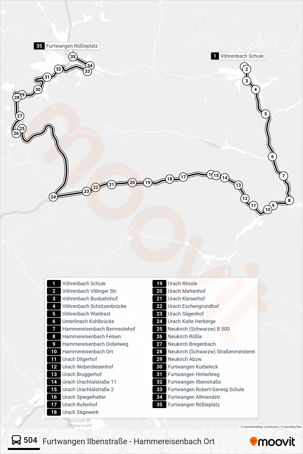 504 bus Line (Furtwangen Rößleplatz) route and stops on a map