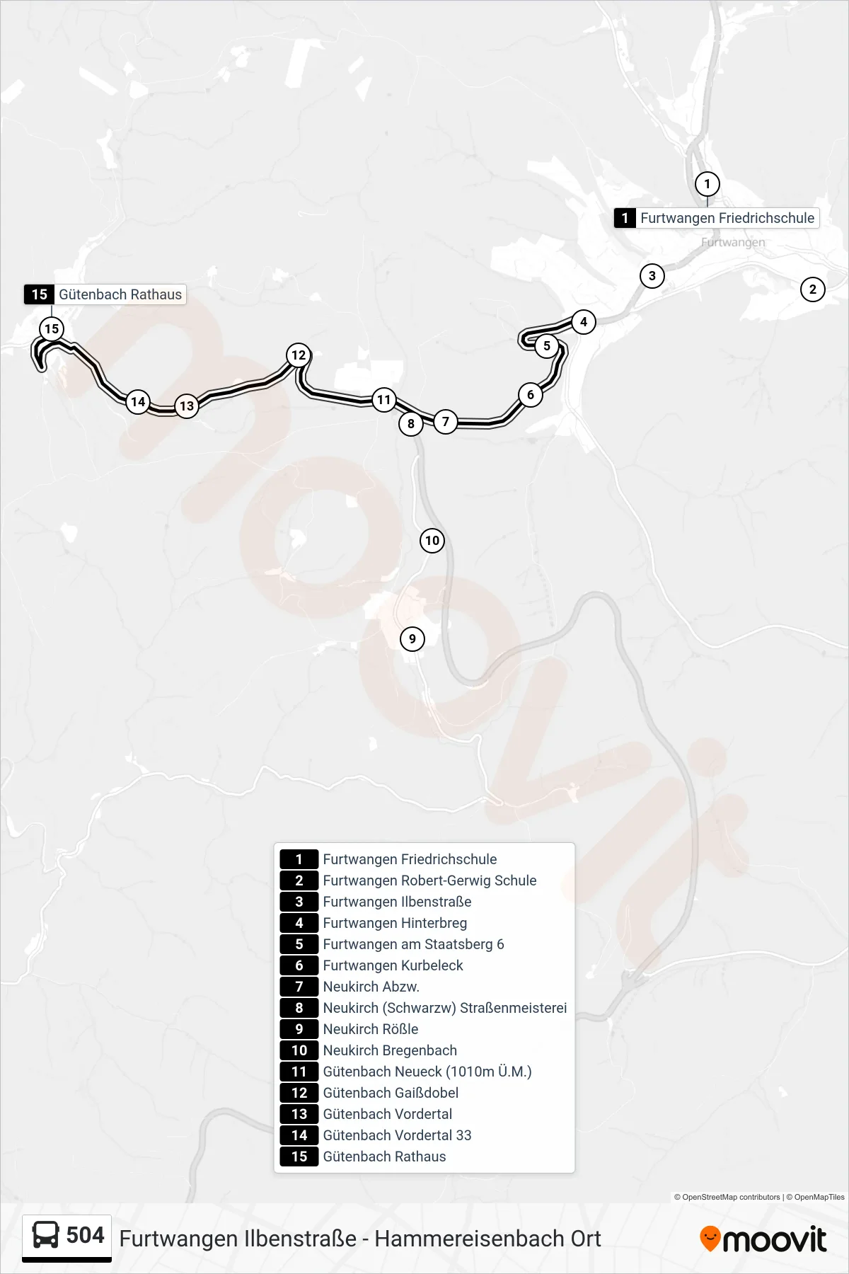 504 bus Line (Gütenbach Rathaus) route and stops on a map