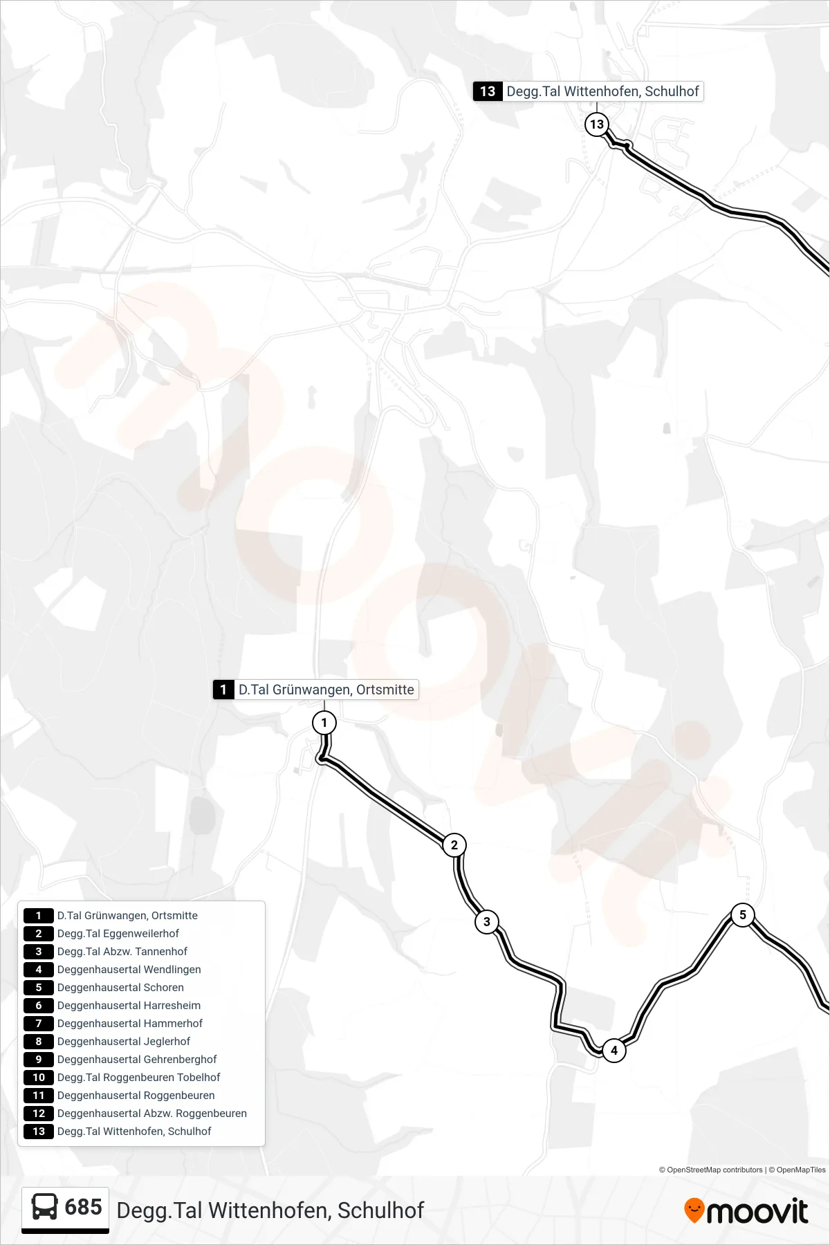 Linie 685 (Bus) Richtung Degg.Tal Wittenhofen, Schulhof: Route und Haltestellen auf der Karte