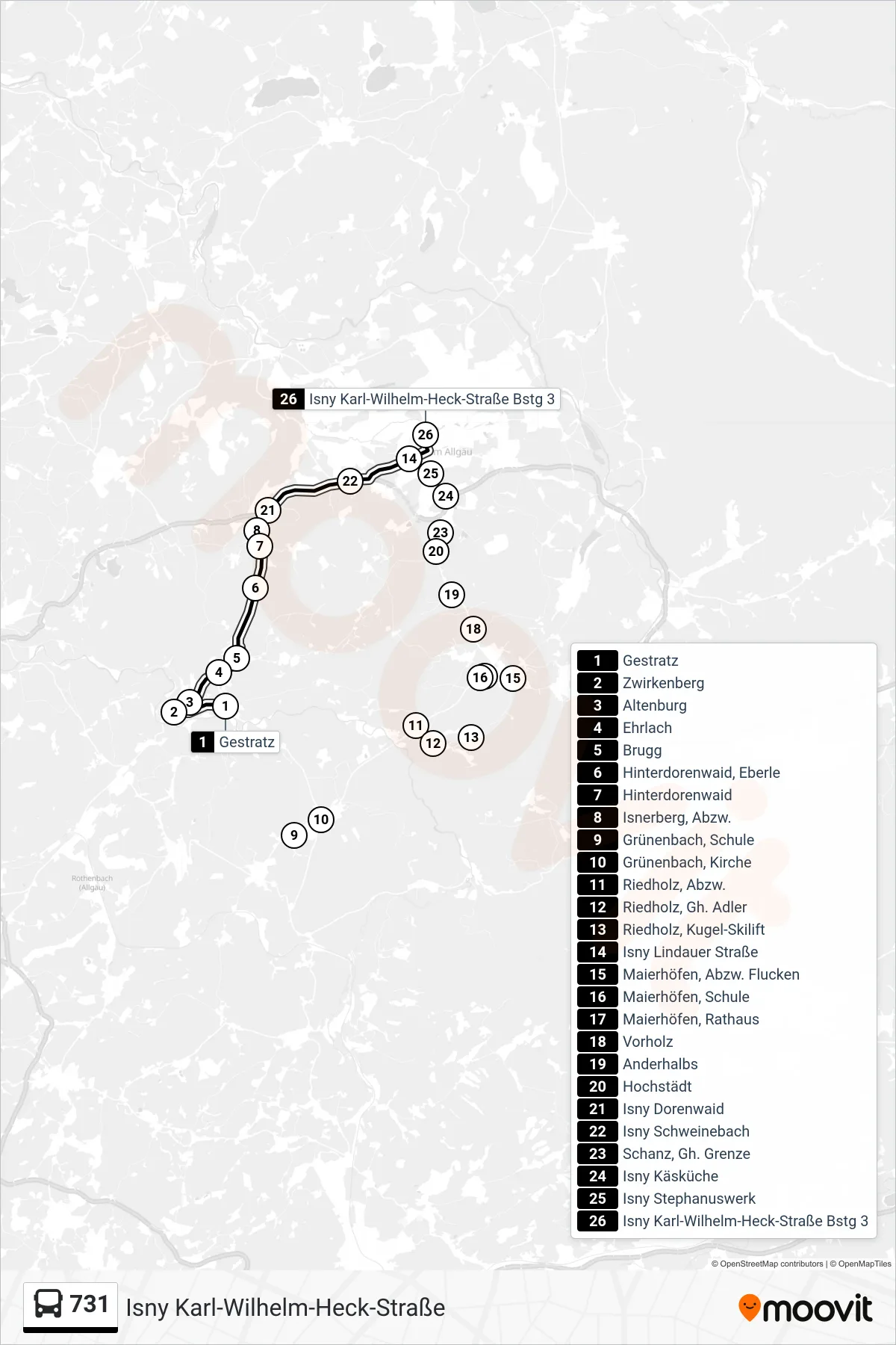 Linie 731 (Bus) Richtung Isny Karl-Wilhelm-Heck-Straße: Route und Haltestellen auf der Karte