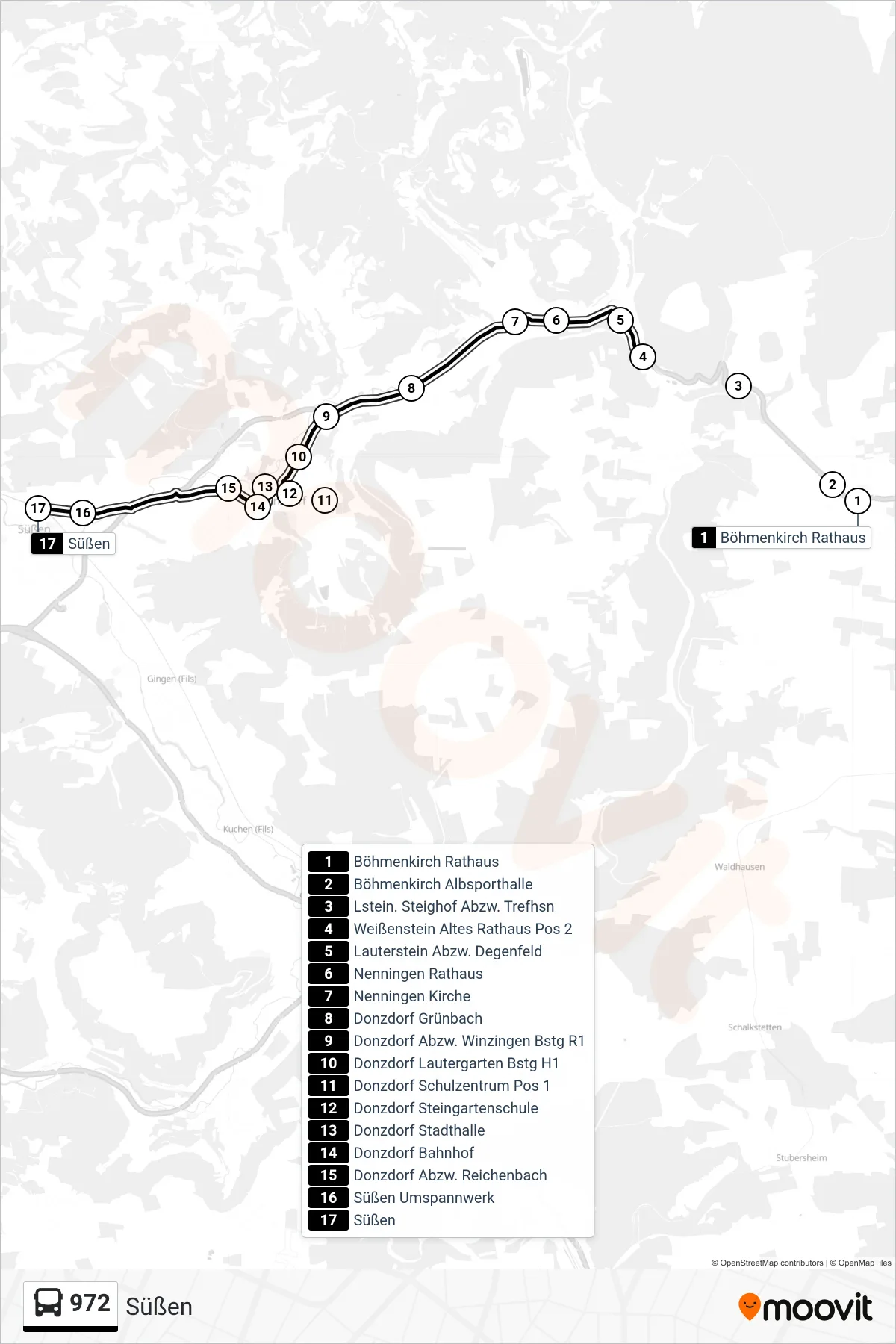 972 bus Line (Süßen) route and stops on a map