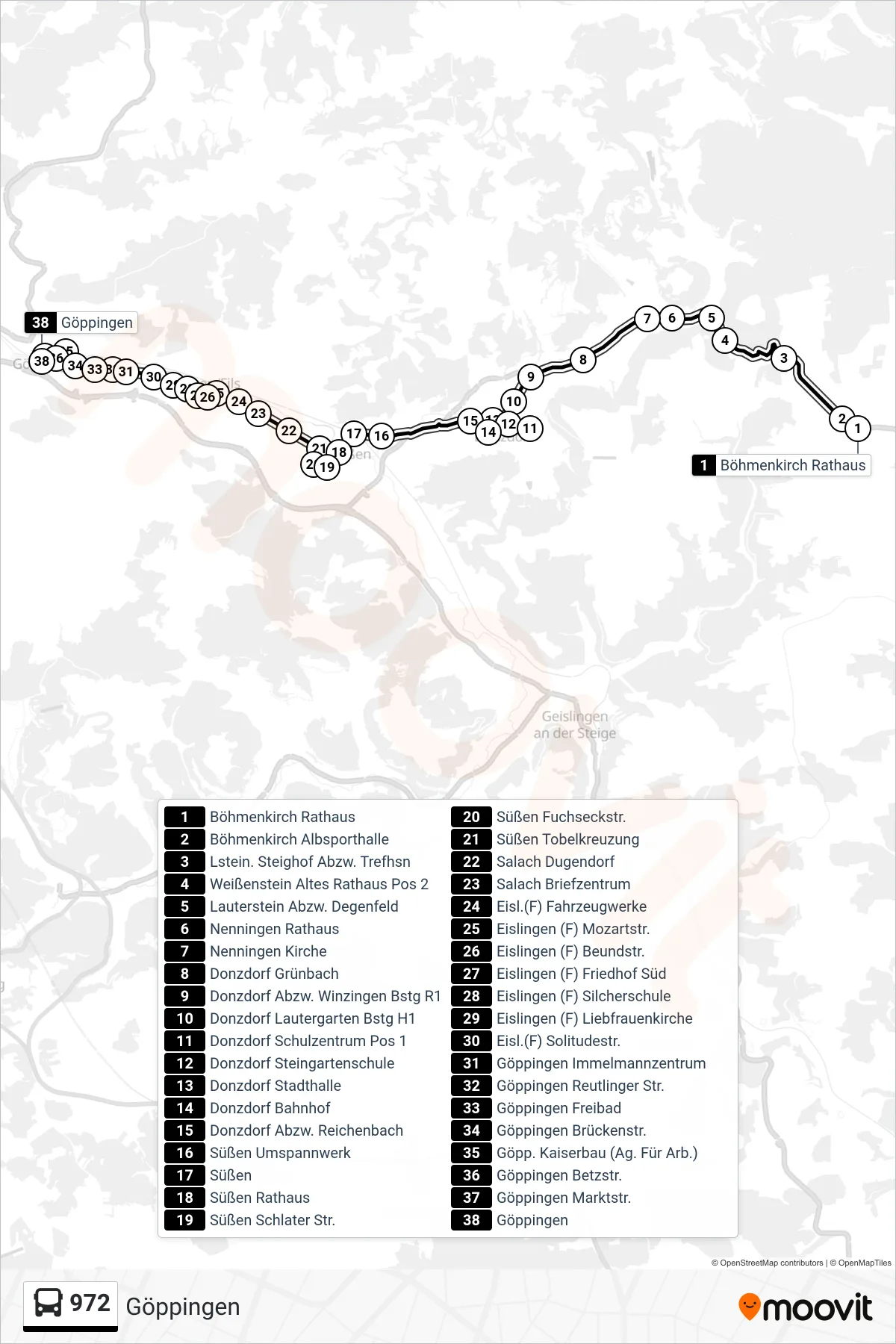 972 bus Line (Göppingen) route and stops on a map