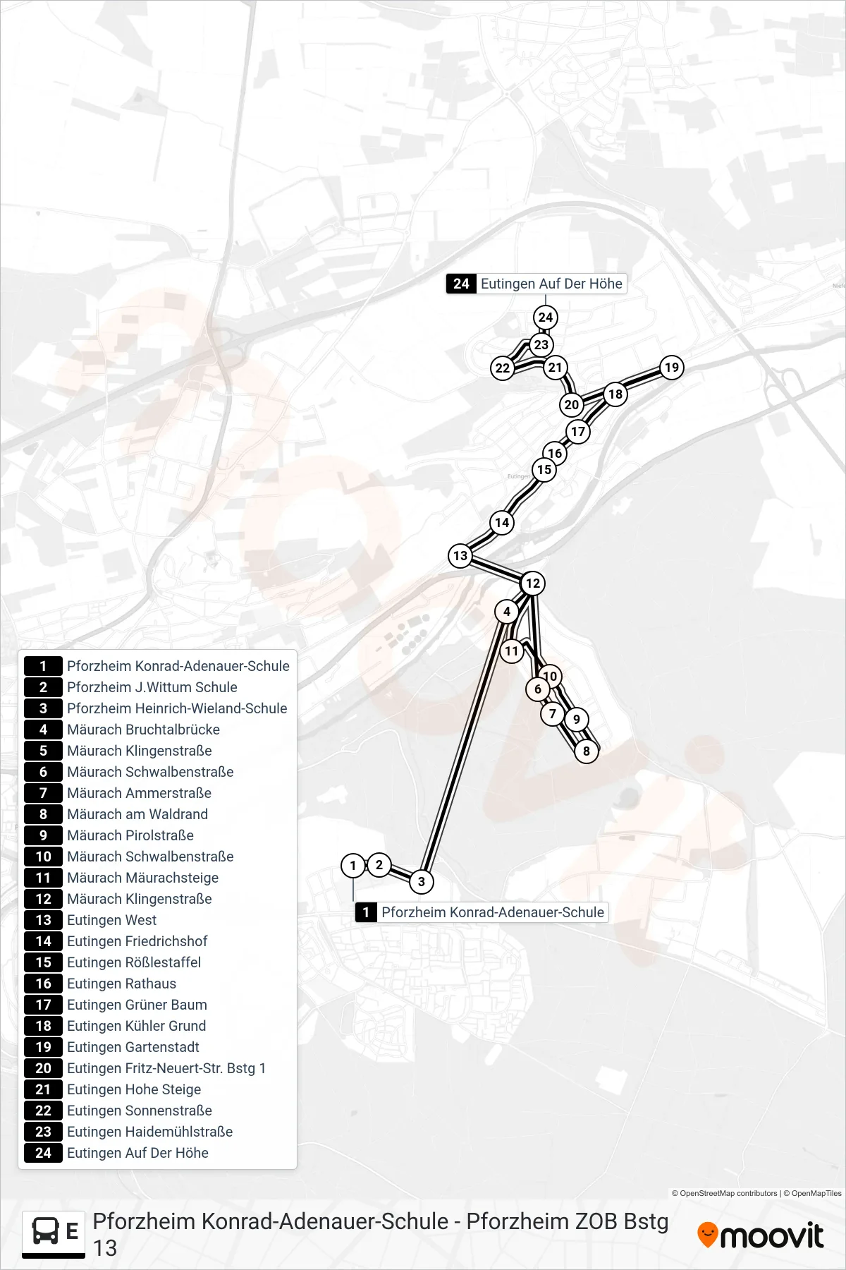 E bus Line (Eutingen Auf Der Höhe) route and stops on a map