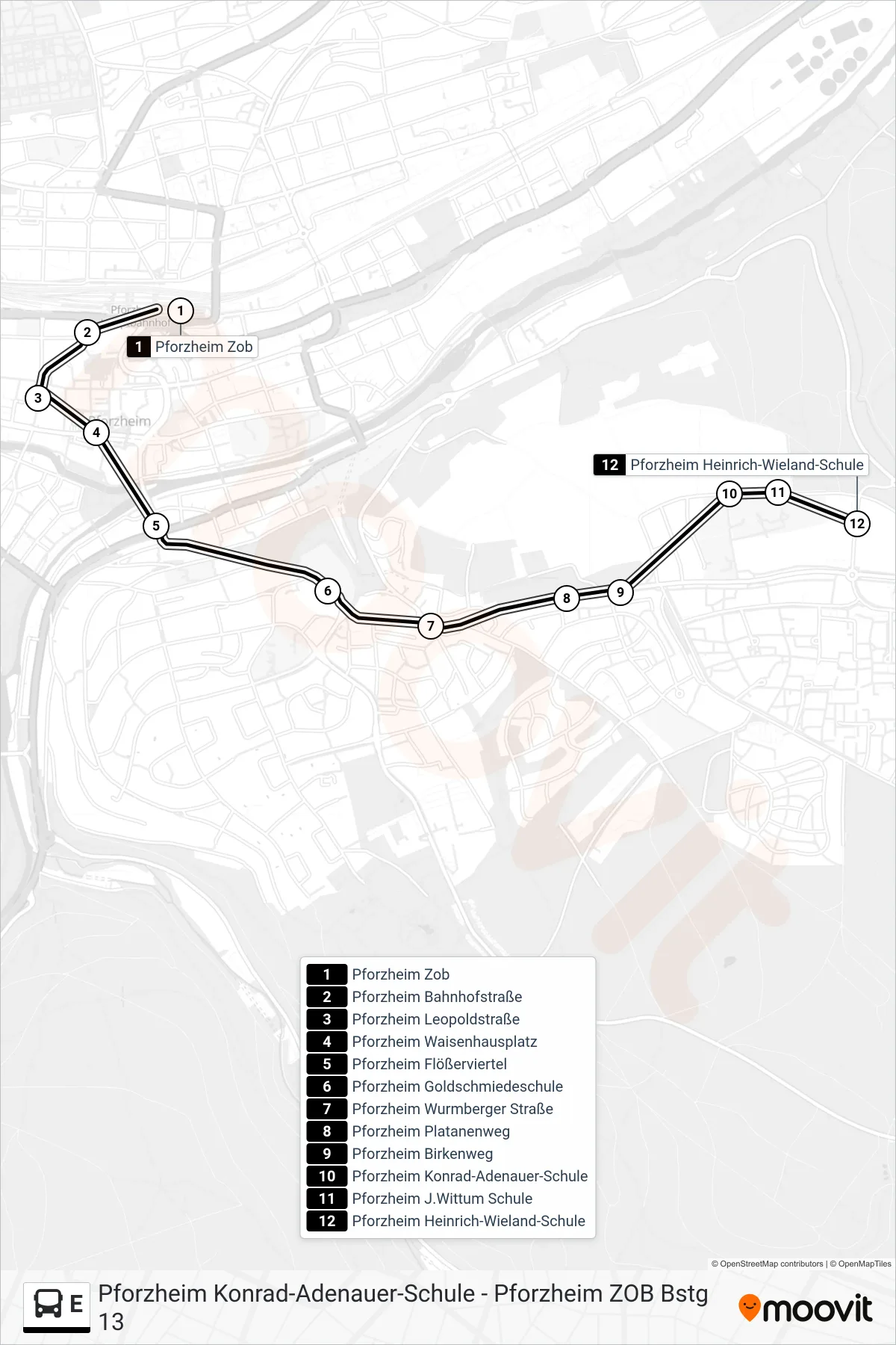 E bus Line (Pforzheim Heinrich-Wieland-Schule) route and stops on a map