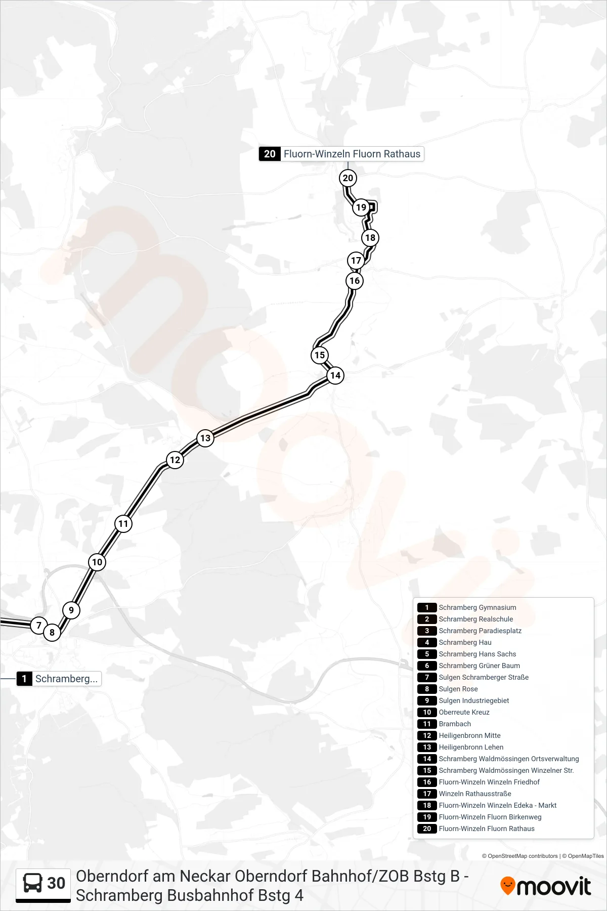 30 bus Line (Fluorn-Winzeln Fluorn Rathaus) route and stops on a map