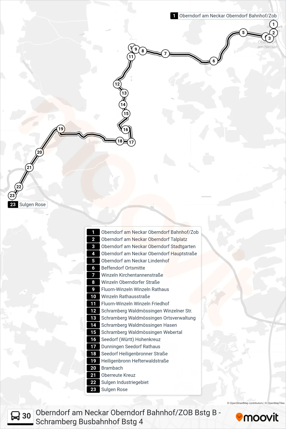 30 bus Line (Sulgen Rose) route and stops on a map