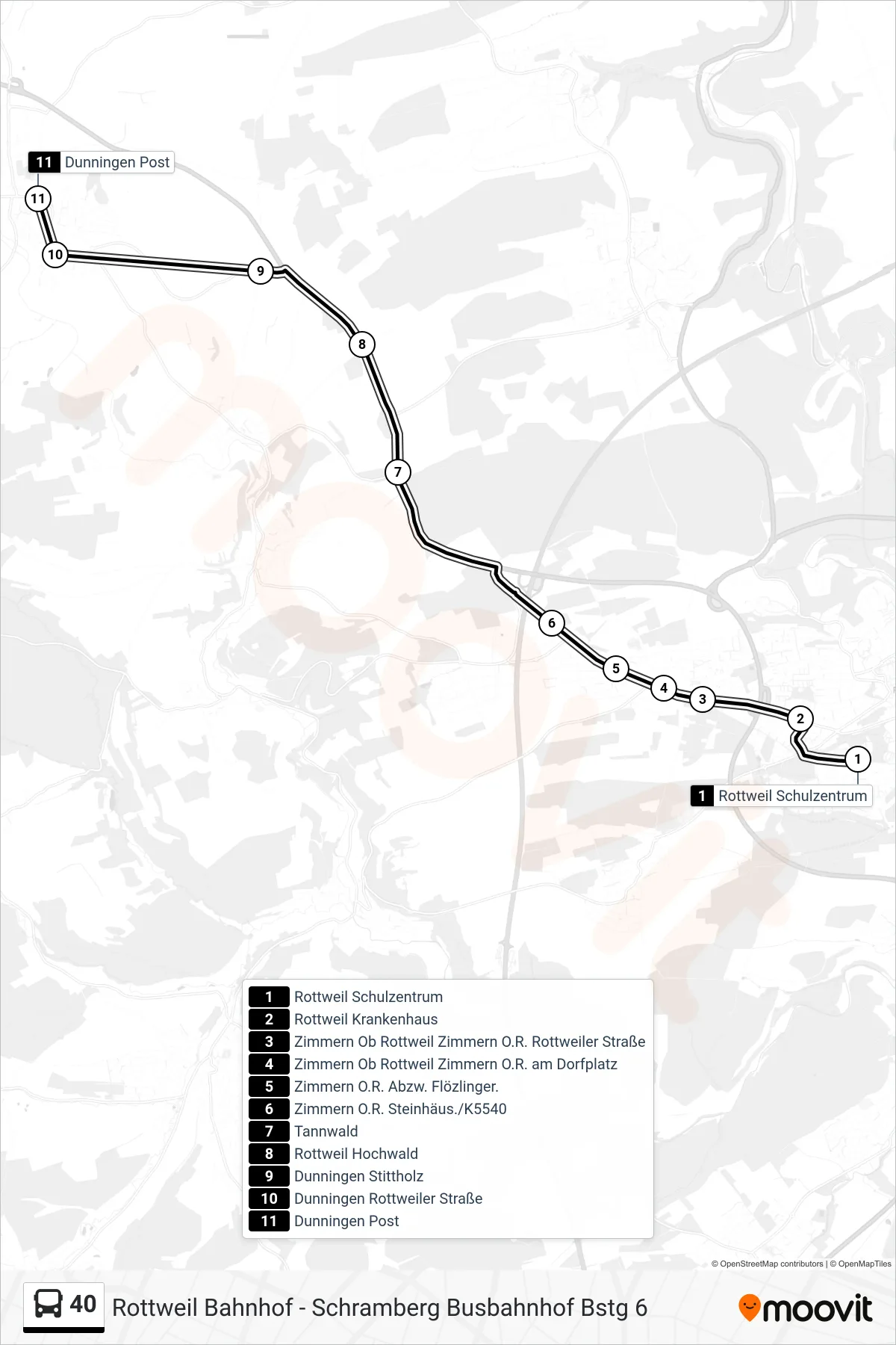 40 bus Line (Dunningen Post) route and stops on a map