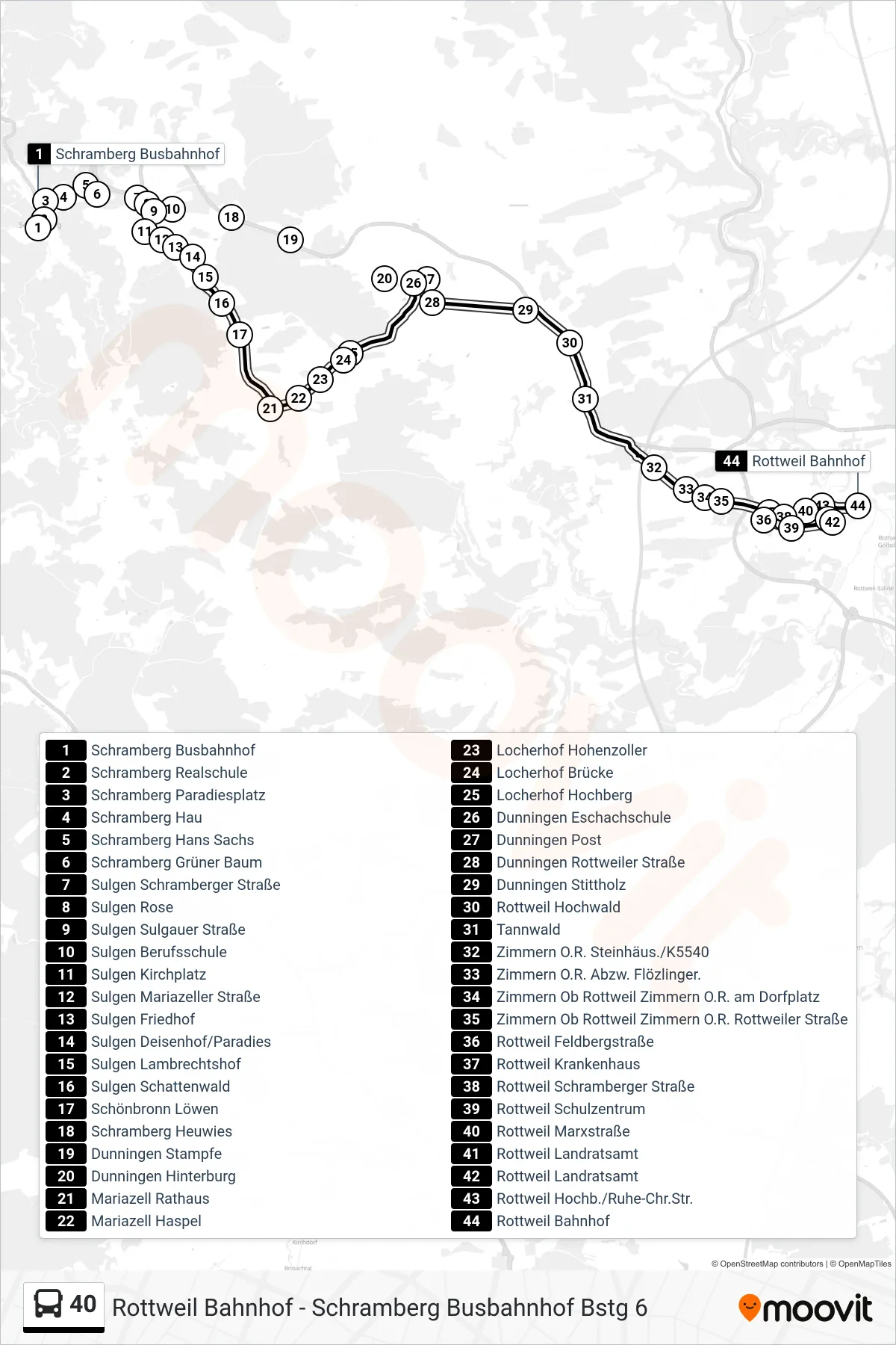 40 bus Line (Rottweil Bahnhof) route and stops on a map