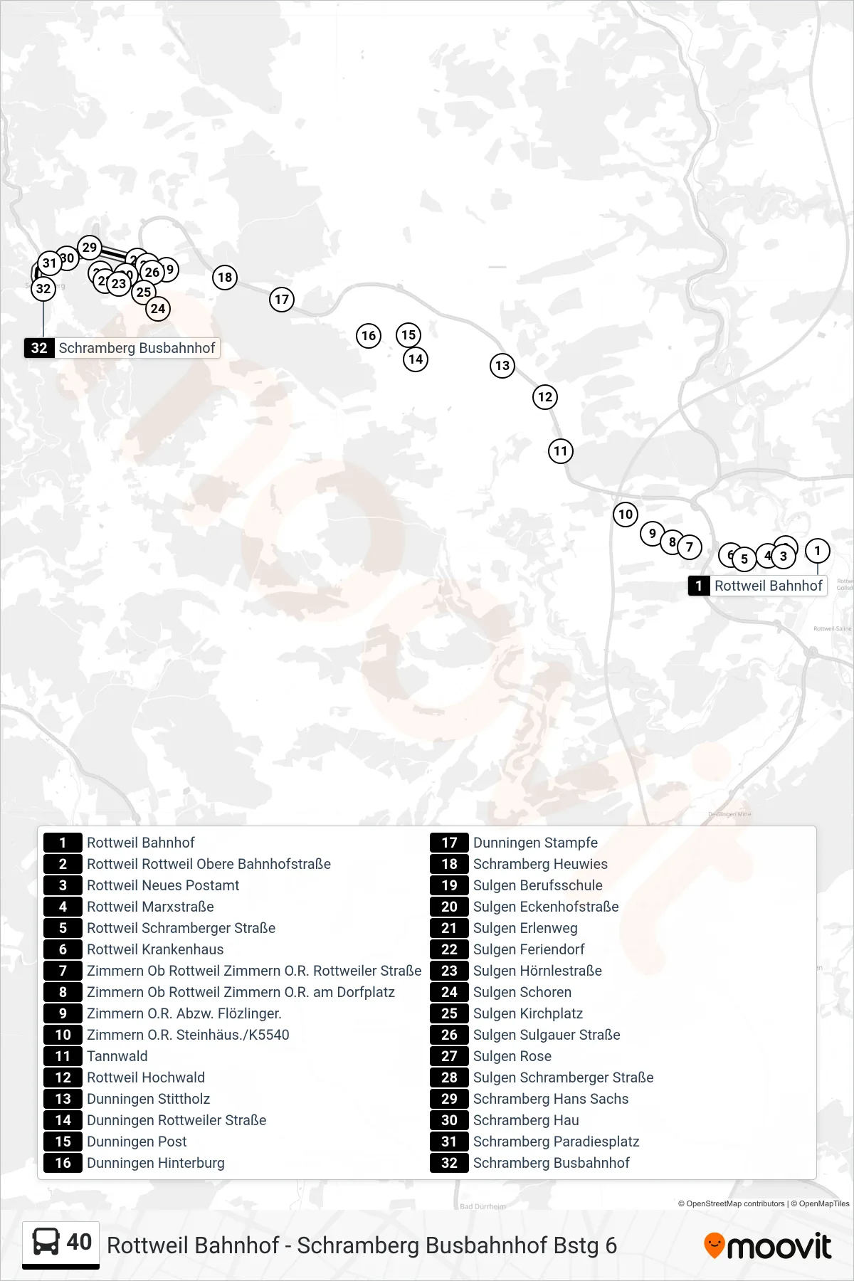 40 bus Line (Schramberg Busbahnhof) route and stops on a map