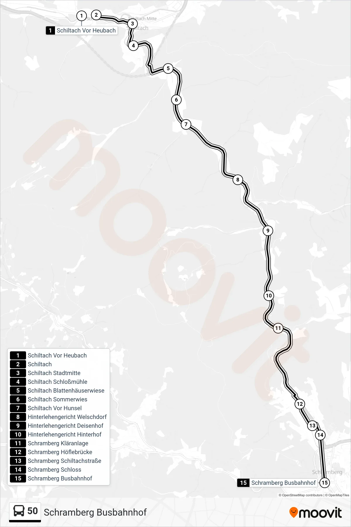50 bus Line (Schramberg Busbahnhof) route and stops on a map