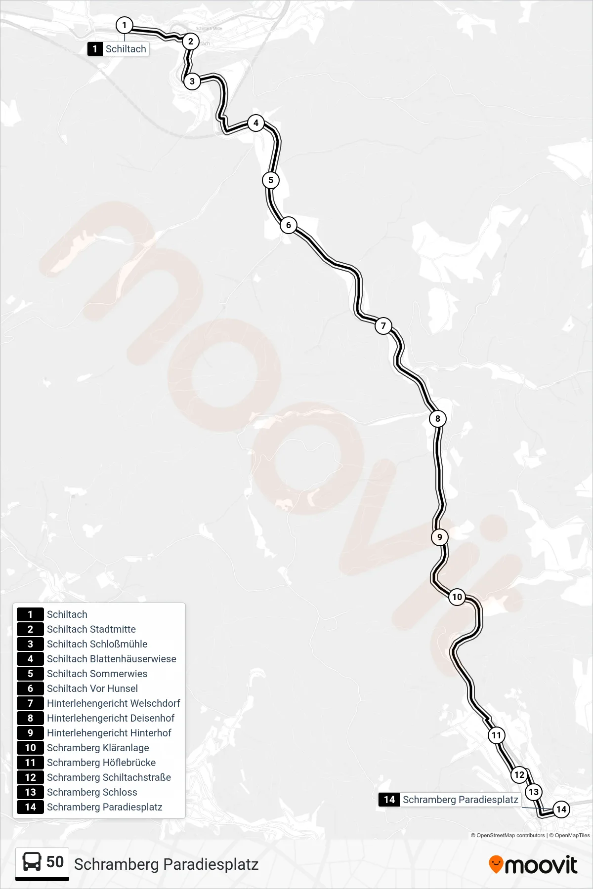 50 bus Line (Schramberg Paradiesplatz) route and stops on a map