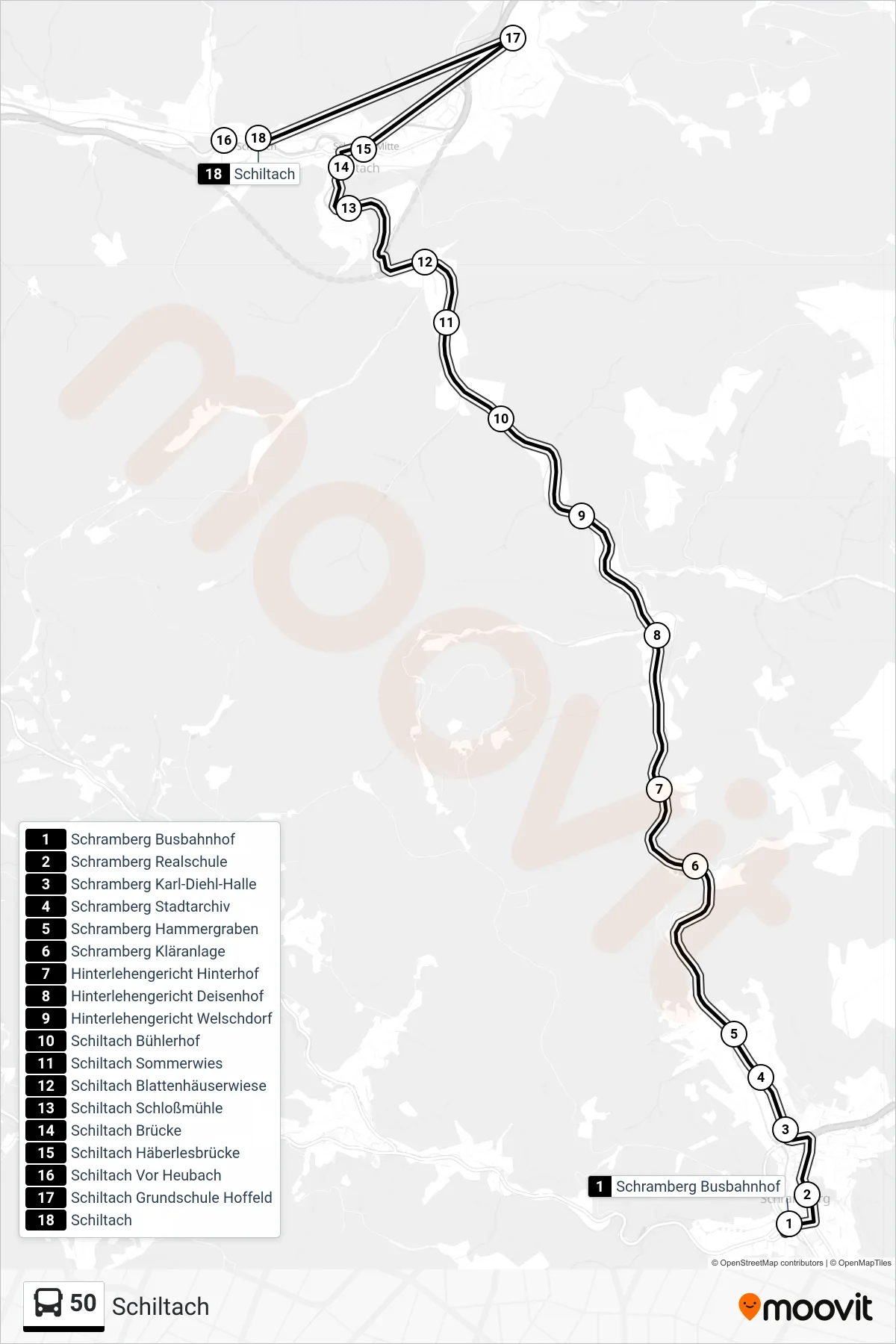 50 bus Line (Schiltach) route and stops on a map