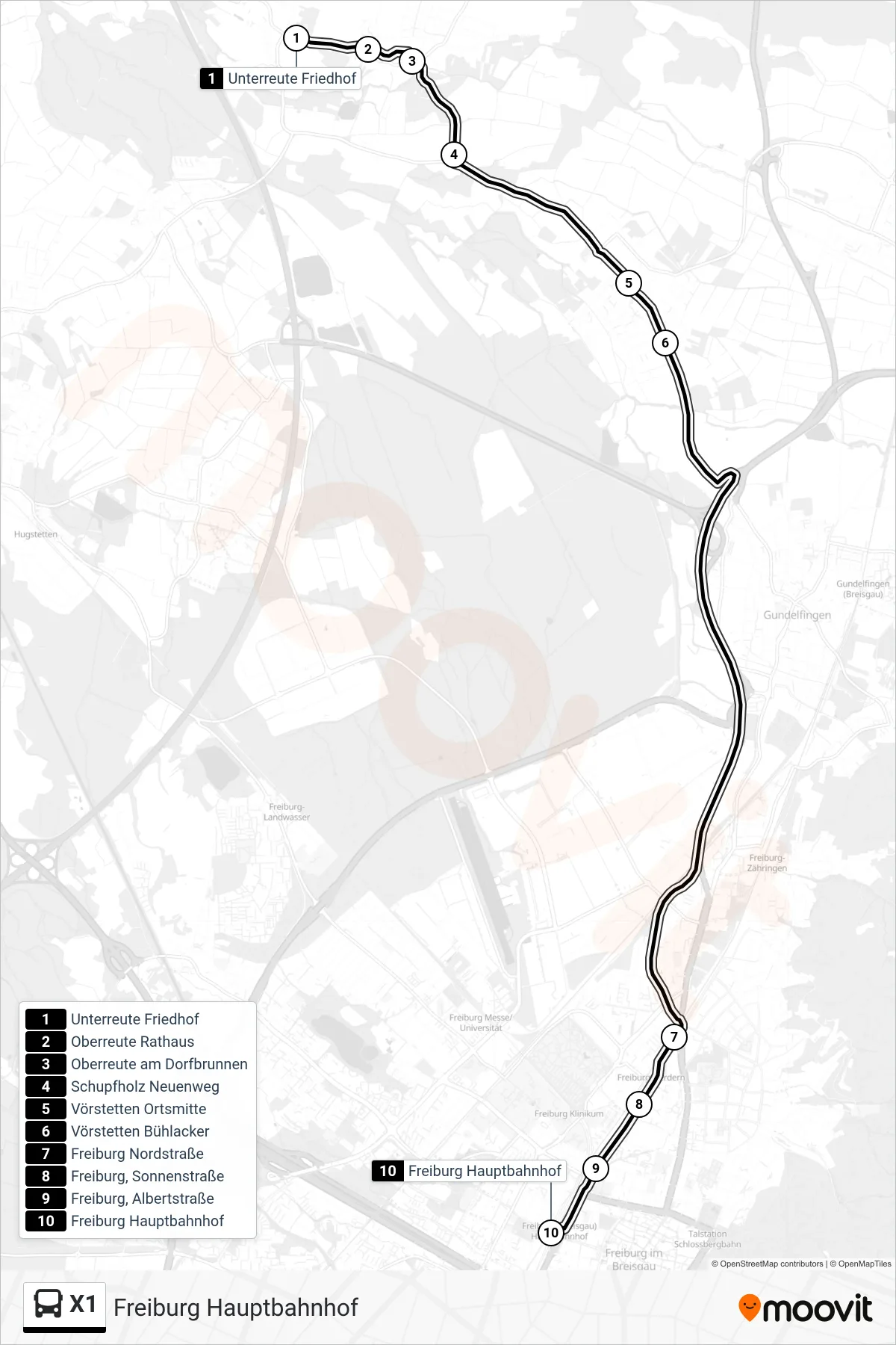 X1 bus Line (Freiburg Hauptbahnhof) route and stops on a map