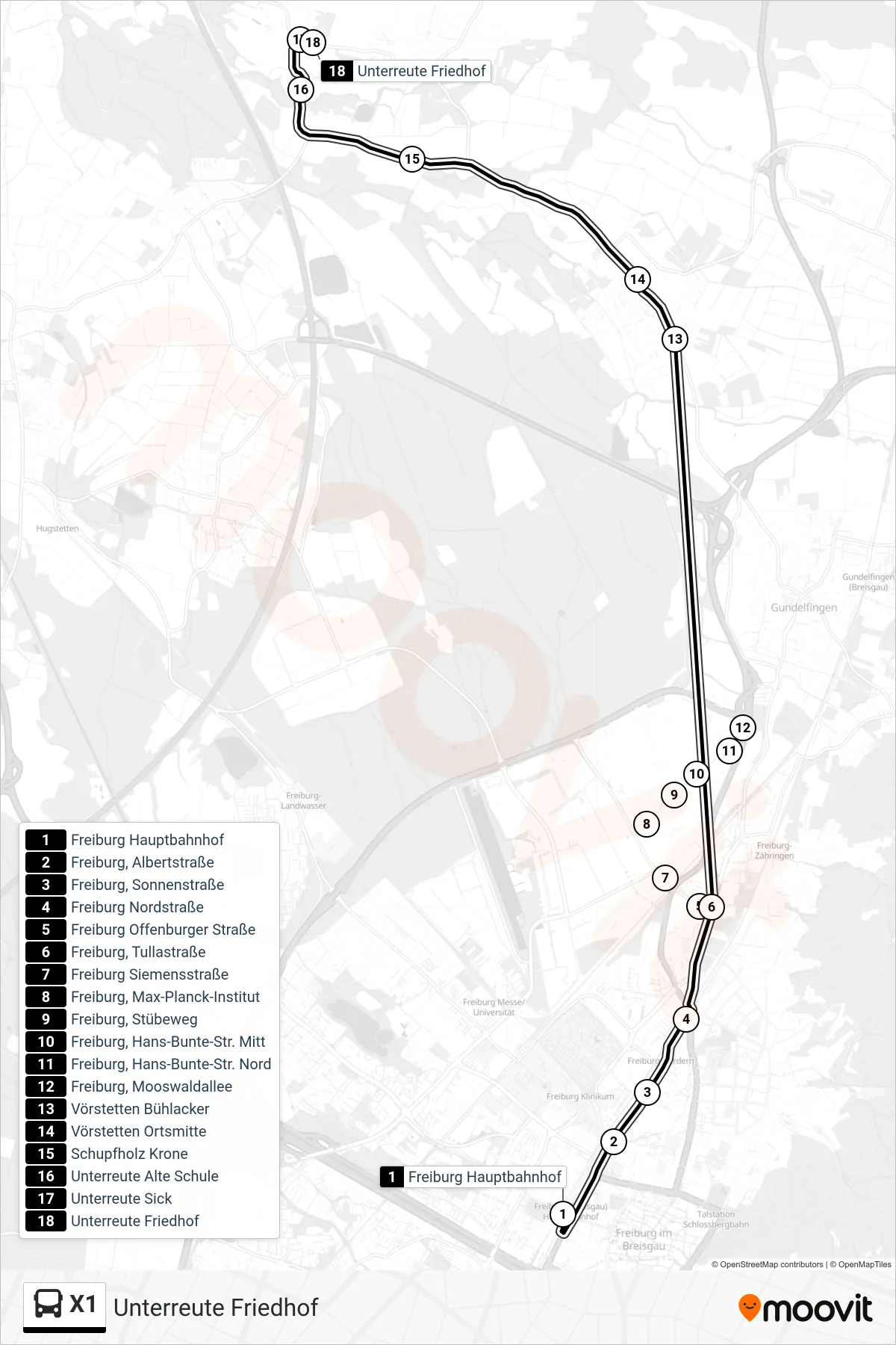 X1 bus Line (Unterreute Friedhof) route and stops on a map