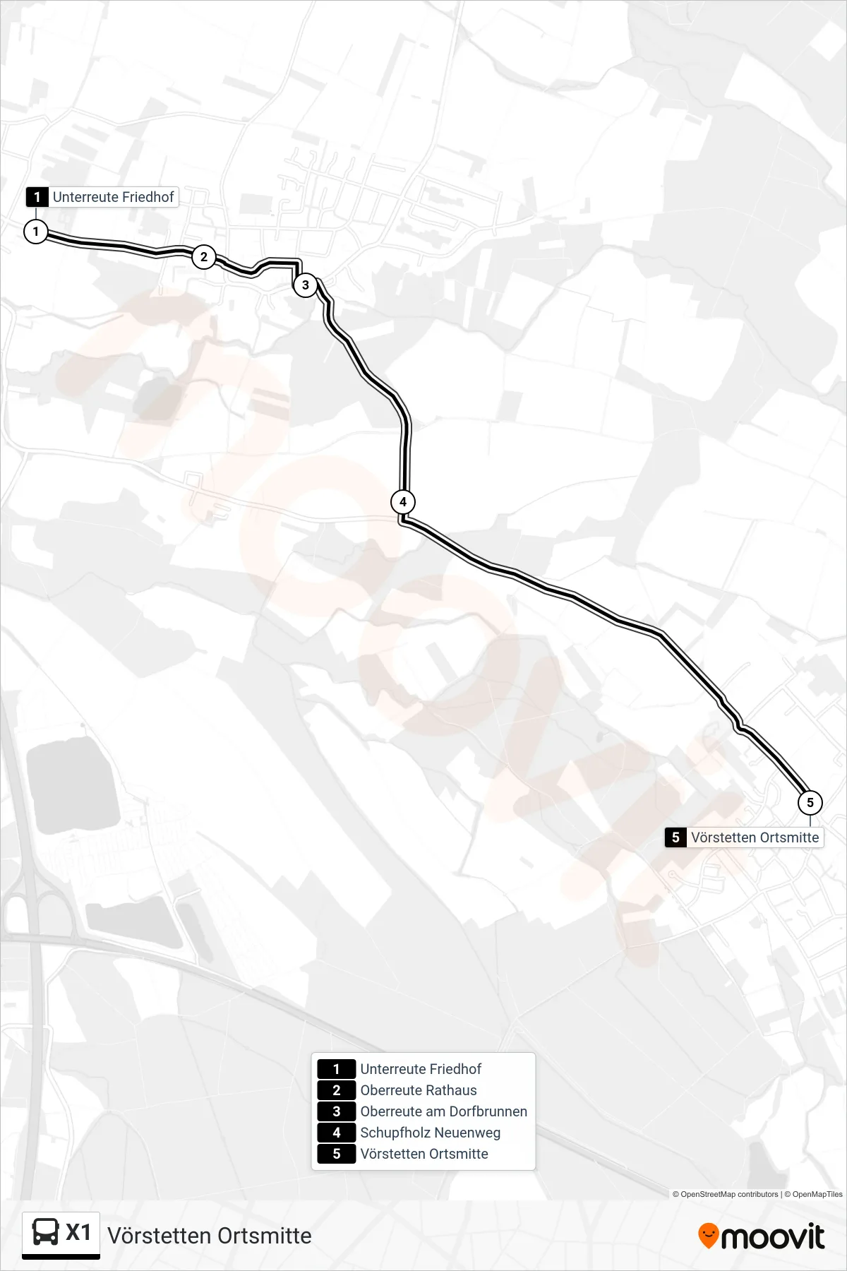 X1 bus Line (Vörstetten Ortsmitte) route and stops on a map