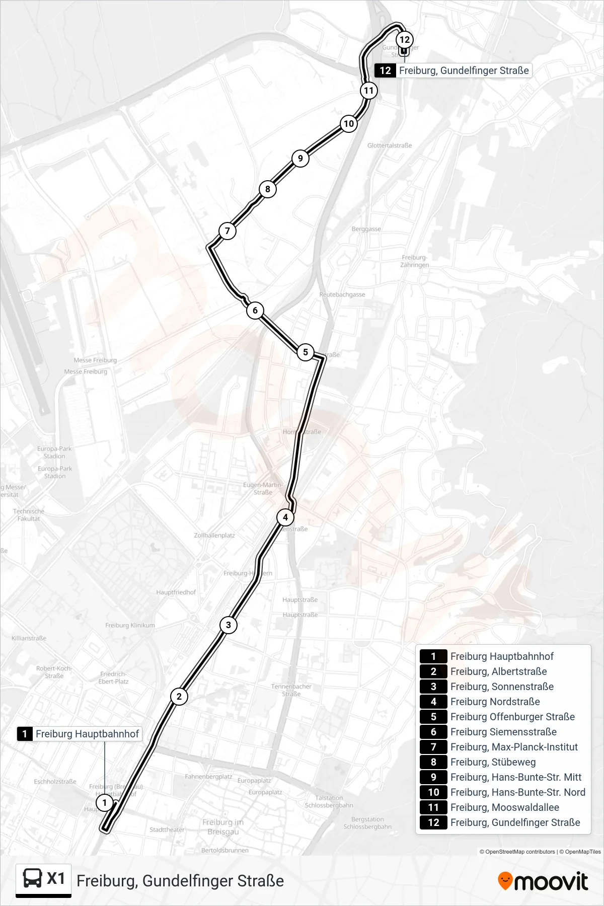 X1 bus Line (Freiburg, Gundelfinger Straße) route and stops on a map