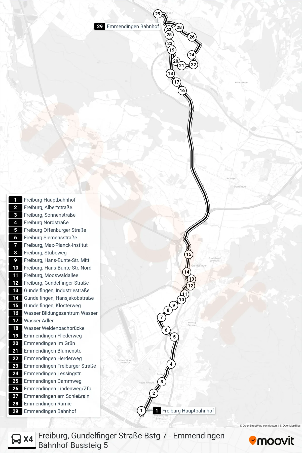 X4 bus Line (Emmendingen Bahnhof) route and stops on a map