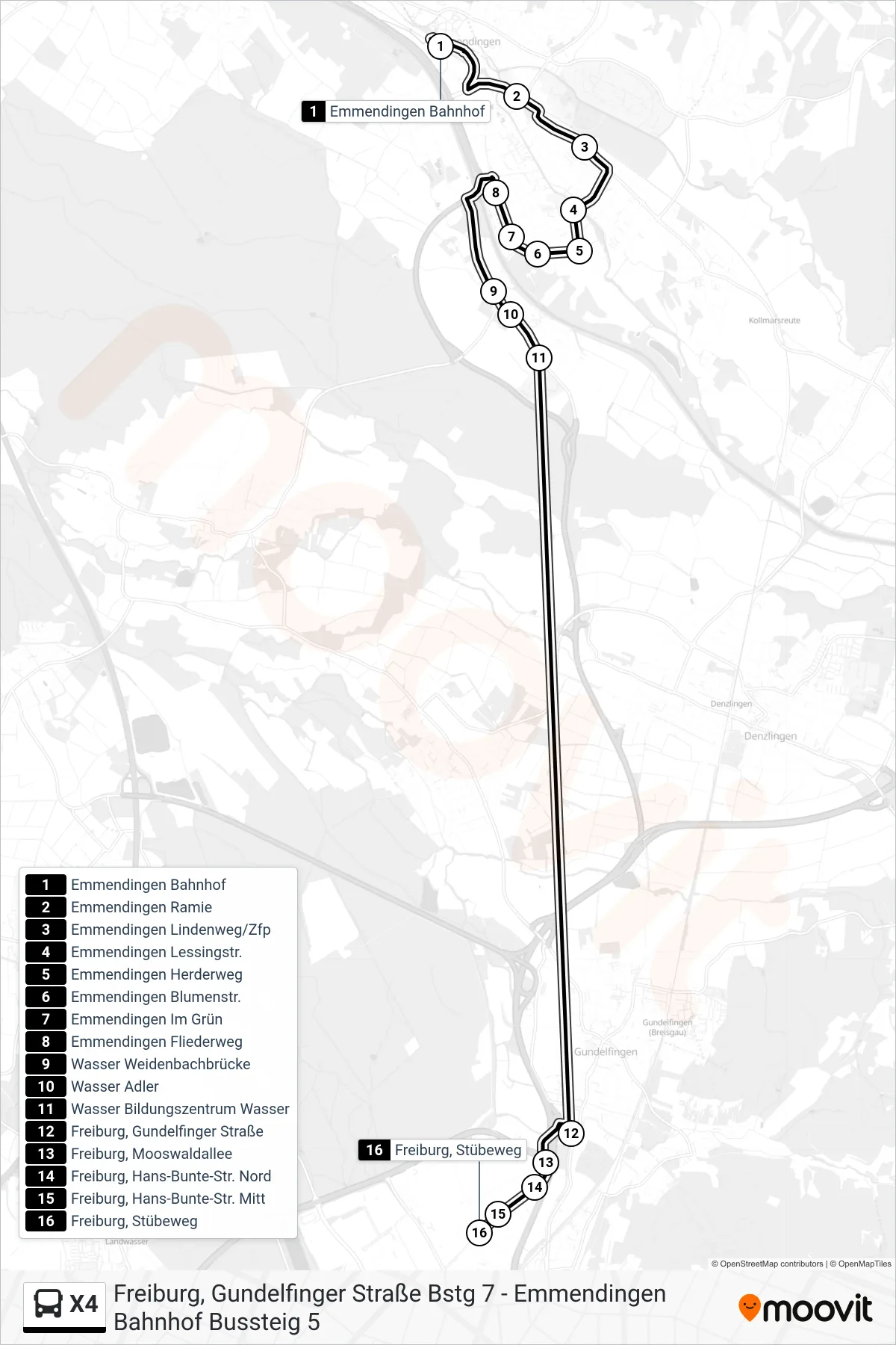 X4 bus Line (Freiburg, Stübeweg) route and stops on a map