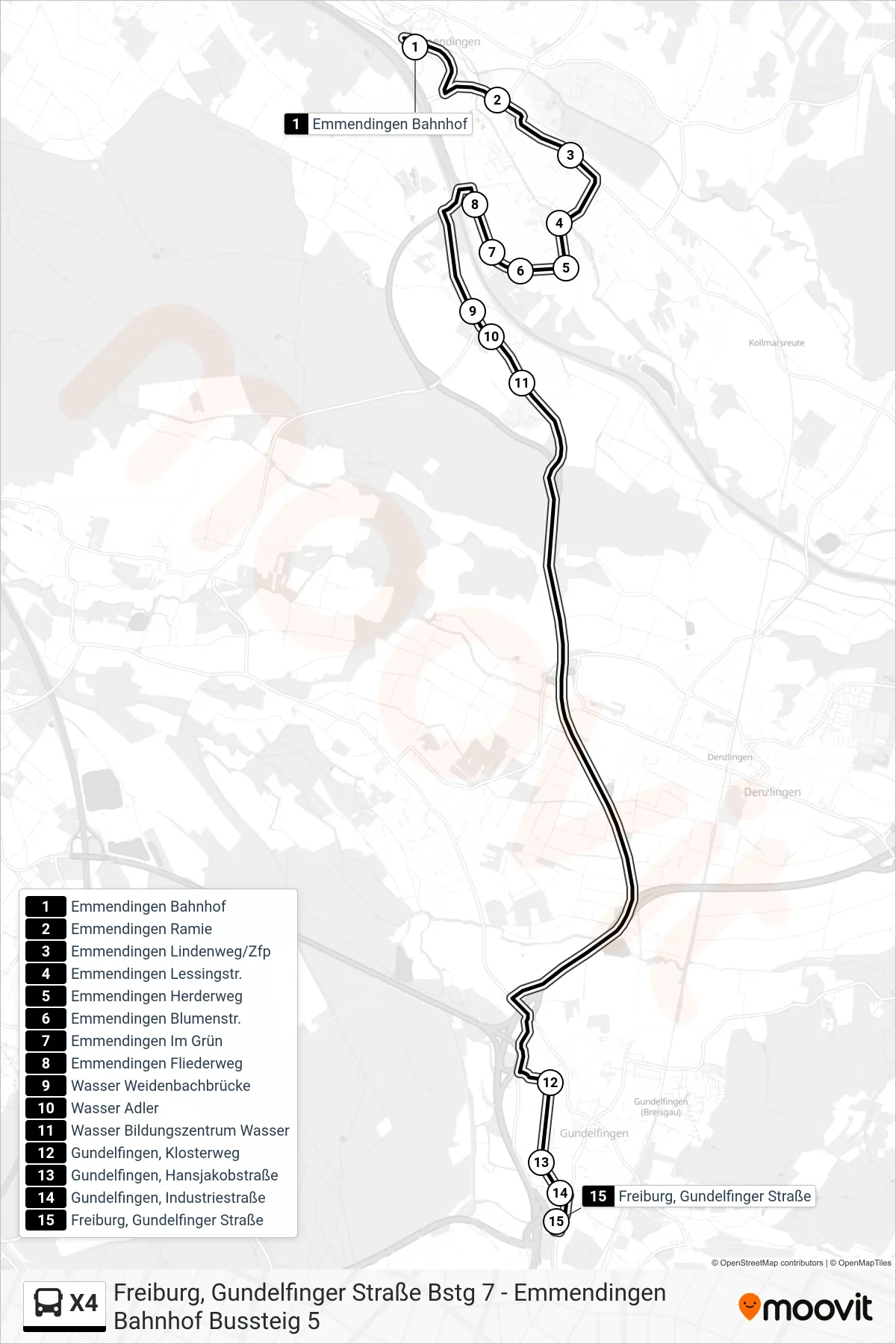 Linie X4 (Bus) Richtung Freiburg, Gundelfinger Straße: Route und Haltestellen auf der Karte