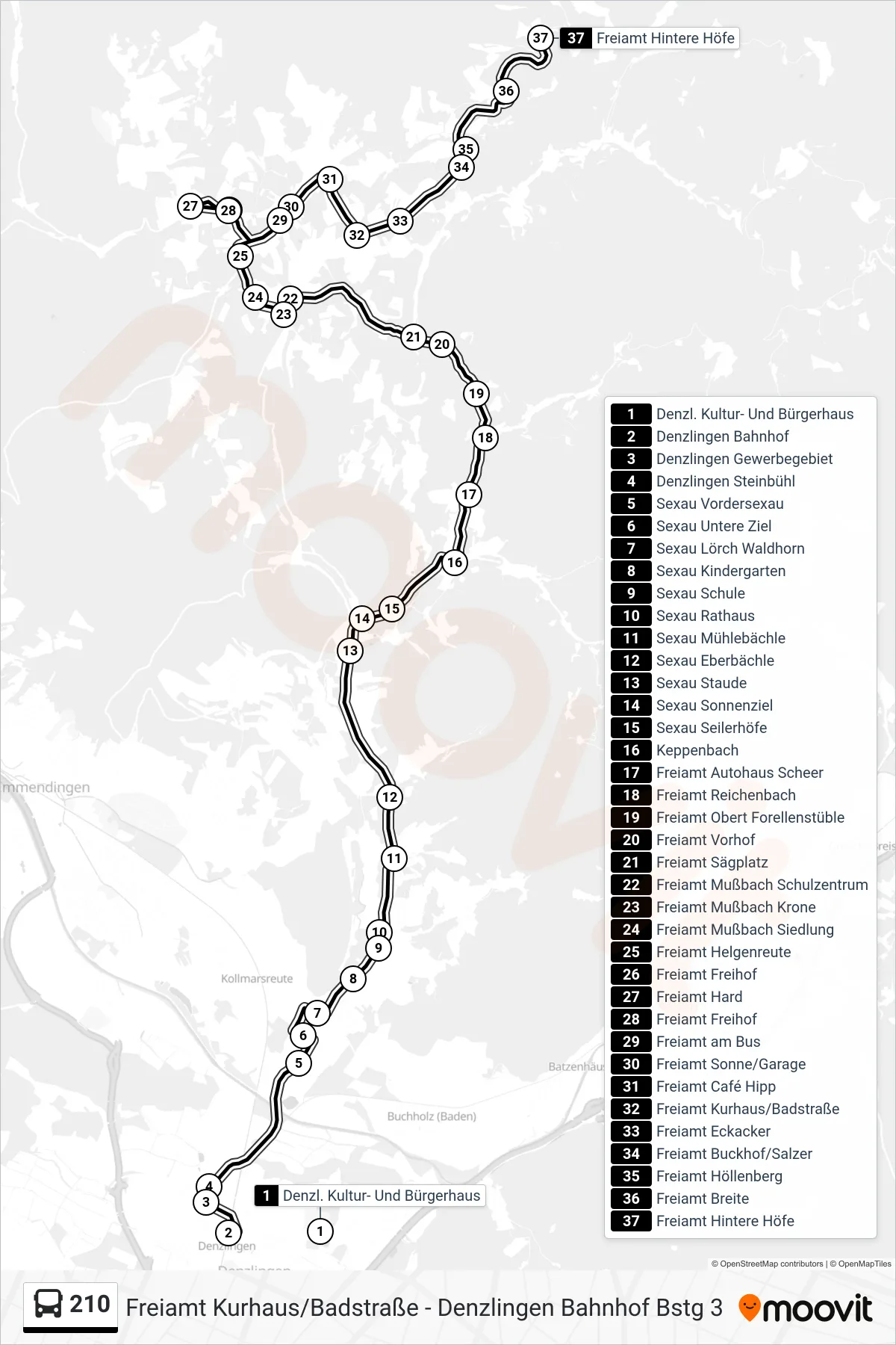 210 bus Line (Freiamt Hintere Höfe) route and stops on a map
