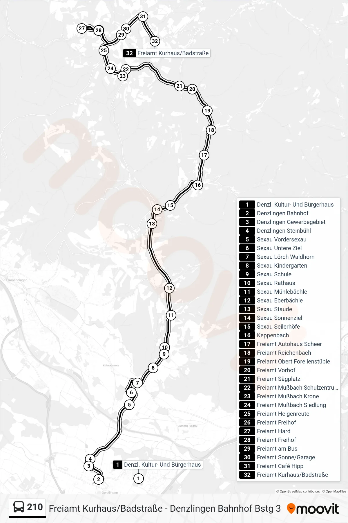 210 bus Line (Freiamt Kurhaus/Badstraße) route and stops on a map