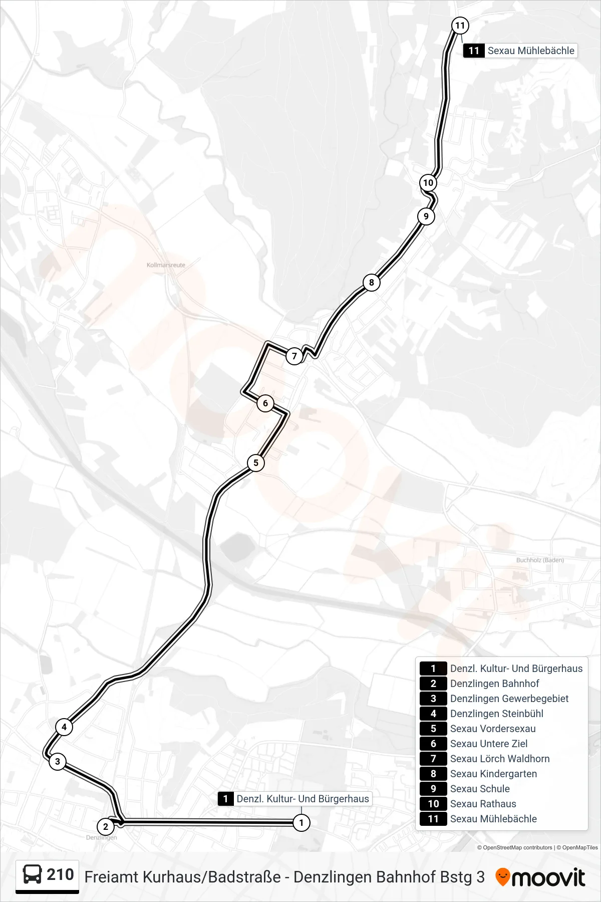 210 bus Line (Sexau Mühlebächle) route and stops on a map