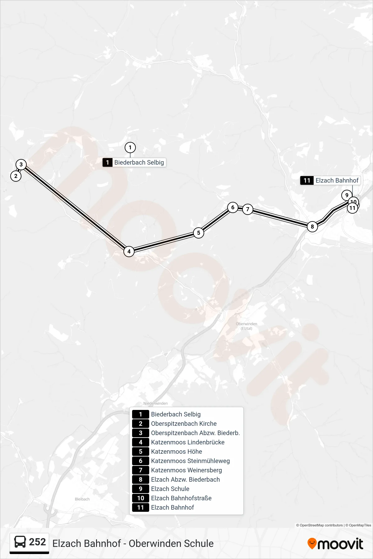 252 bus Line (Elzach Bahnhof) route and stops on a map