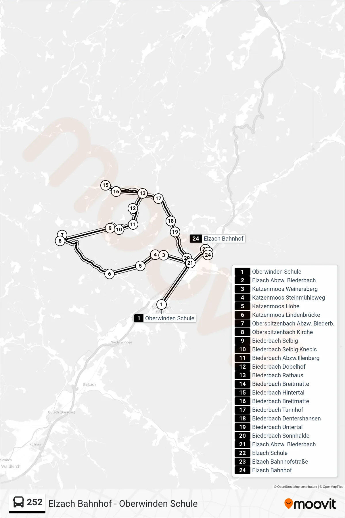 252 bus Line (Elzach Bahnhof) route and stops on a map