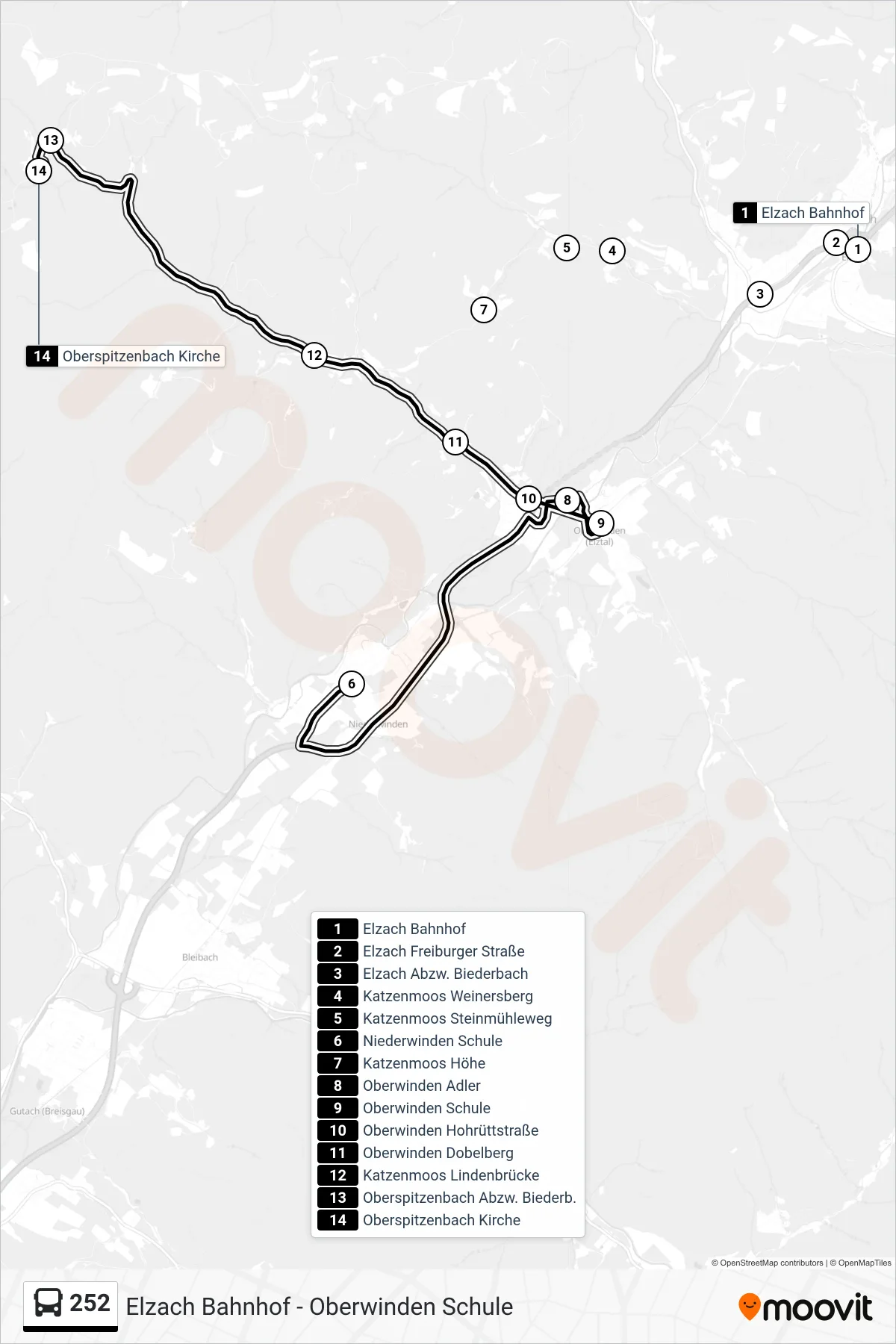 252 bus Line (Oberspitzenbach Kirche) route and stops on a map