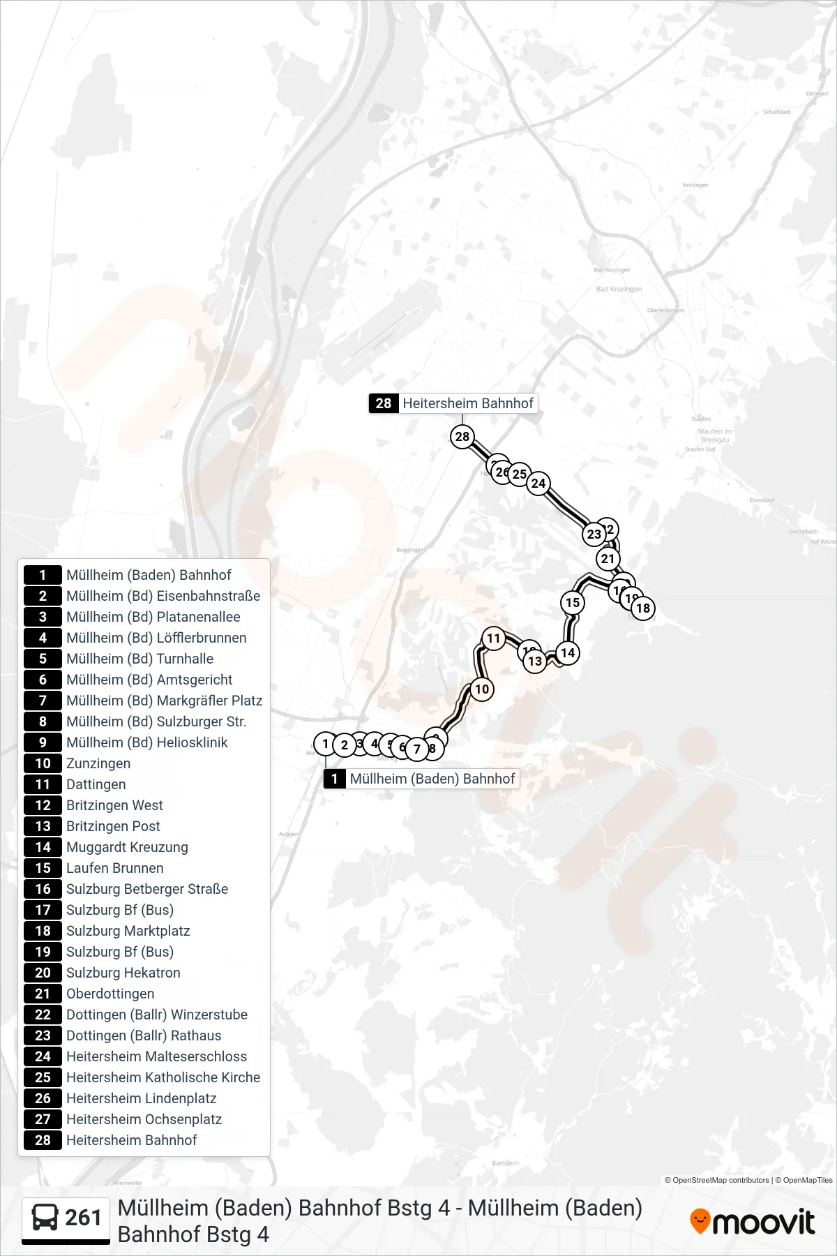 261 bus Line (Heitersheim Bahnhof) route and stops on a map
