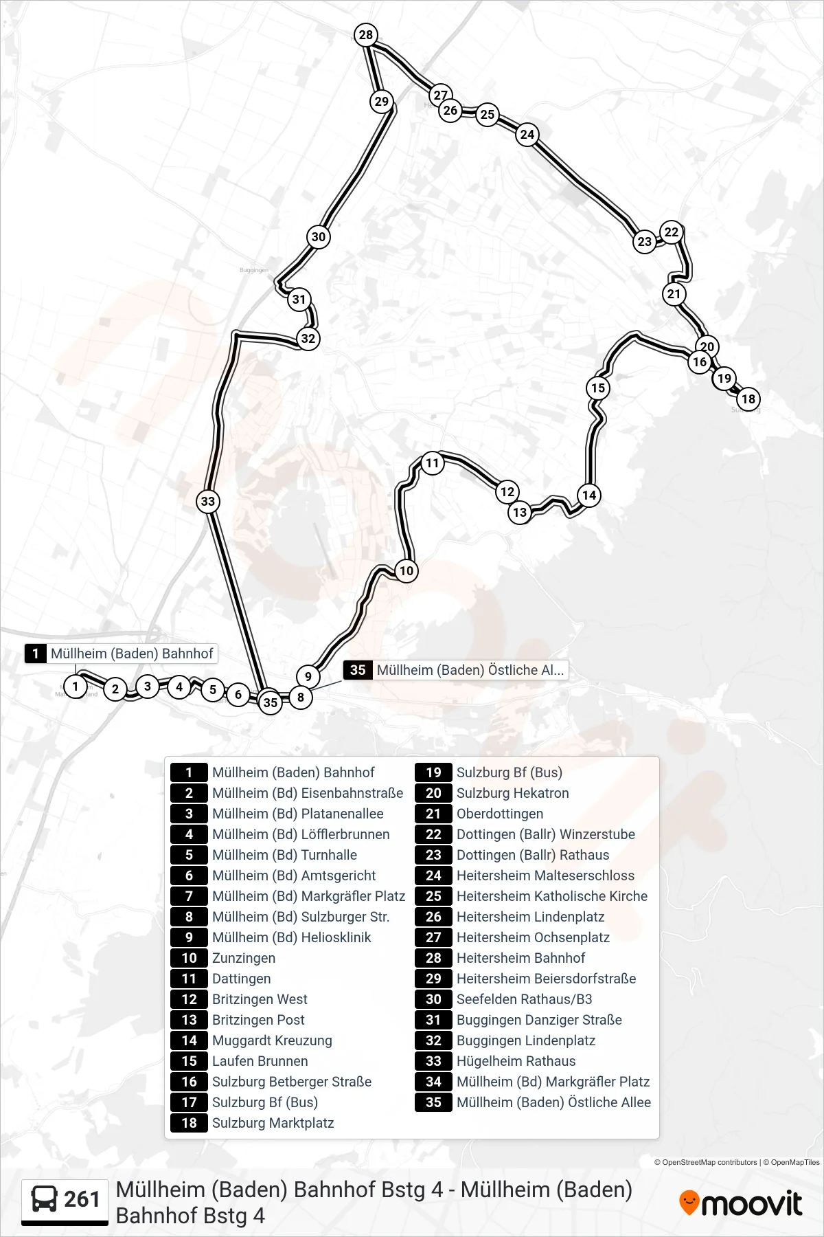 261 bus Line (Müllheim (Baden) Östliche Allee) route and stops on a map