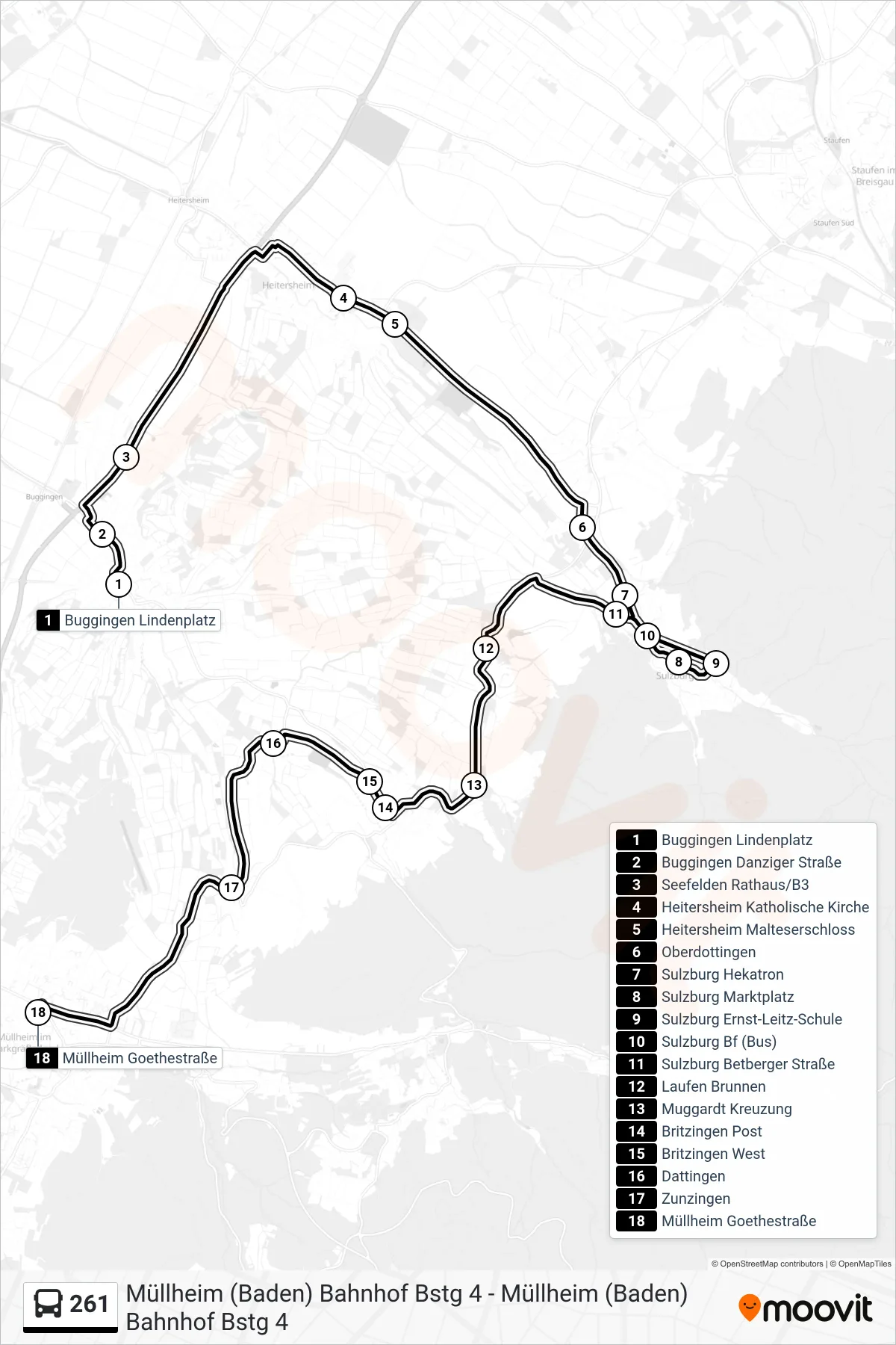261 bus Line (Müllheim Goethestraße) route and stops on a map