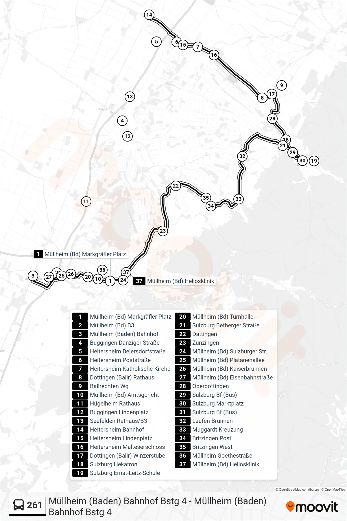 261 bus Line (Müllheim (Baden) Bahnhof) route and stops on a map