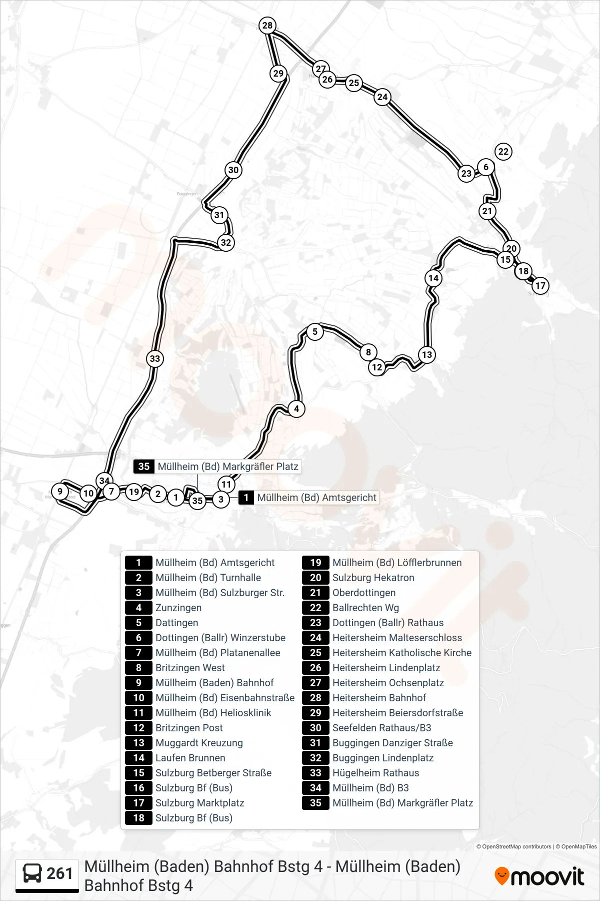 261 bus Line (Müllheim (Bd) Markgräfler Platz) route and stops on a map