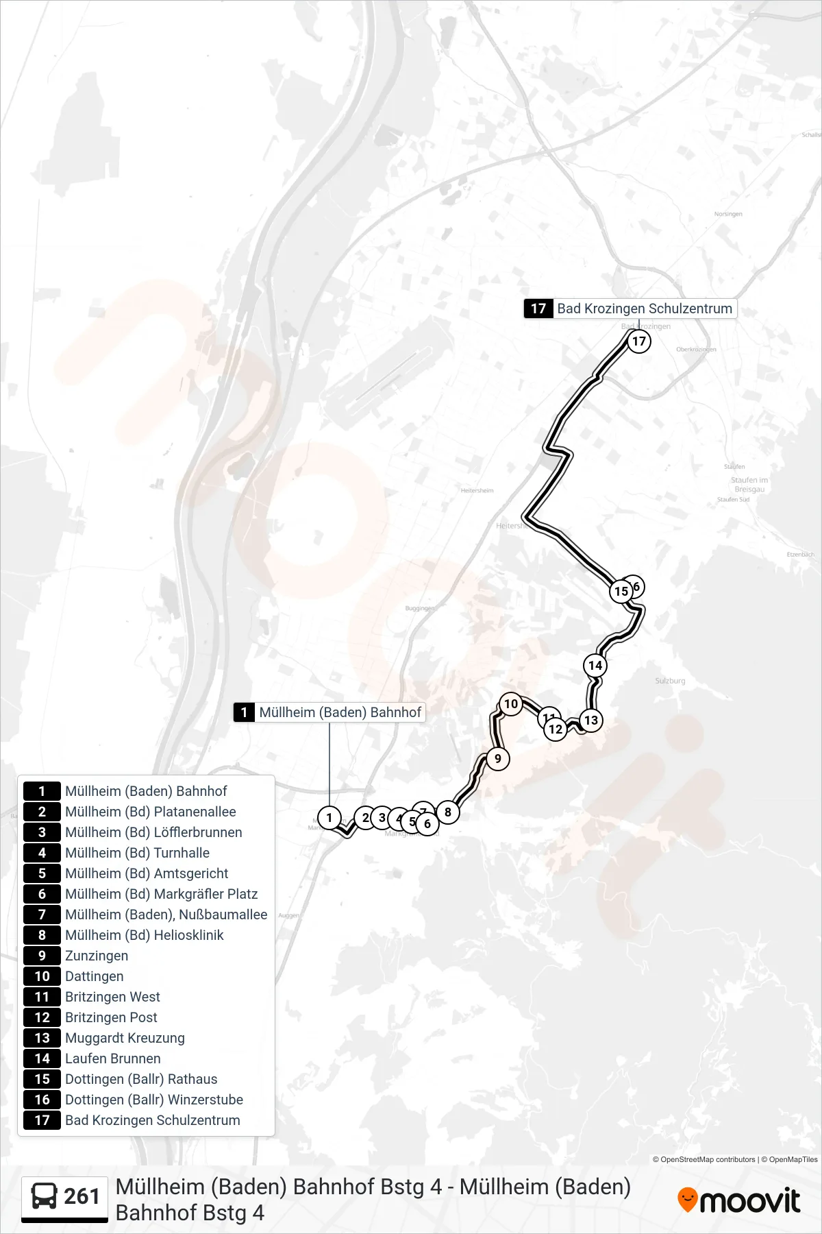 261 bus Line (Bad Krozingen Schulzentrum) route and stops on a map