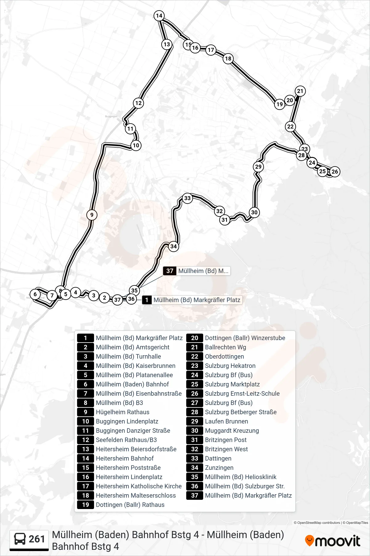 261 bus Line (Müllheim (Bd) Markgräfler Platz) route and stops on a map