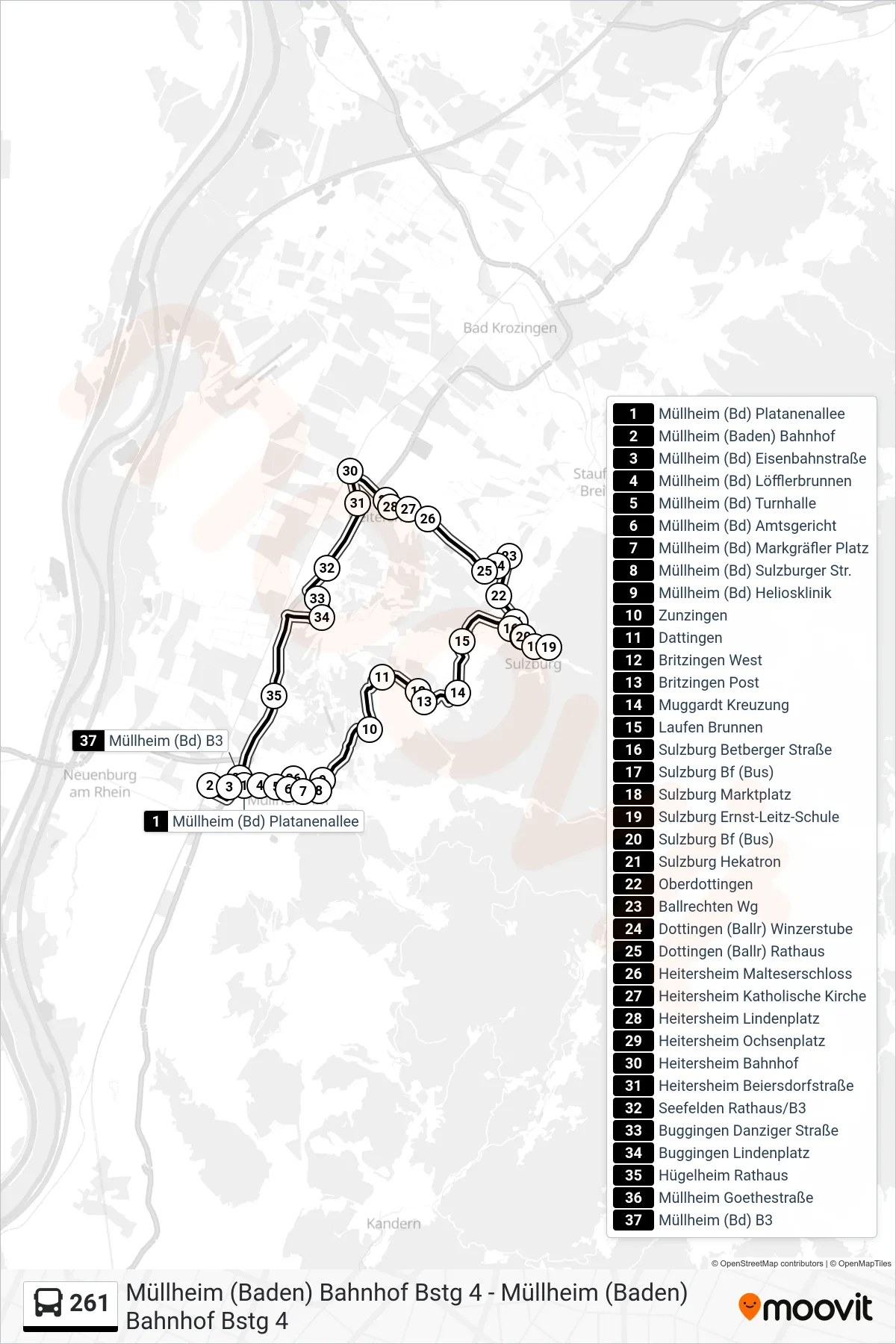 261 bus Line (Müllheim (Baden) Bahnhof) route and stops on a map
