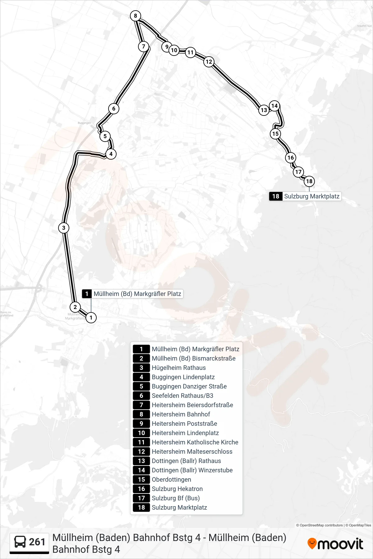 261 bus Line (Sulzburg Marktplatz) route and stops on a map