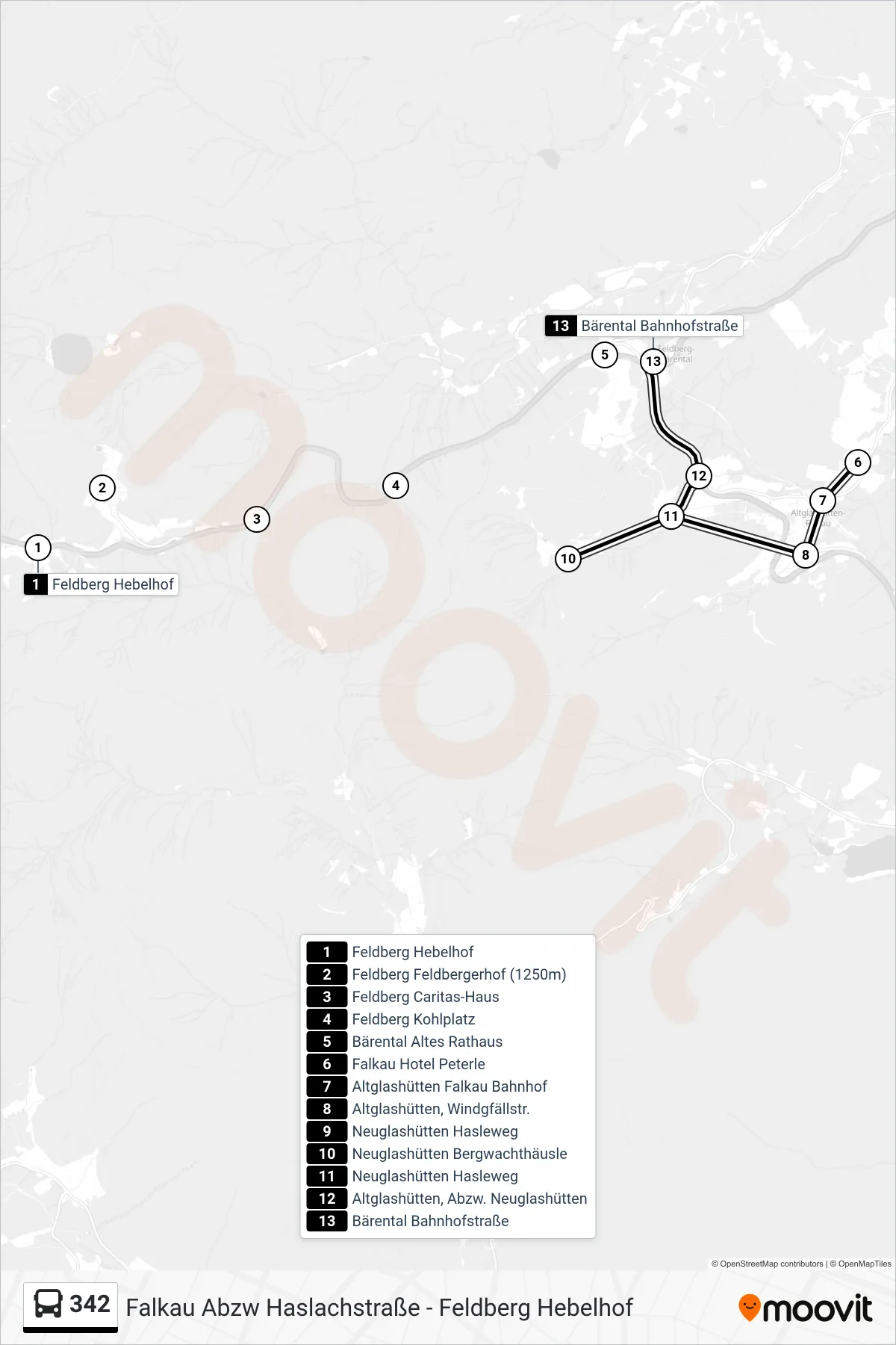 342 bus Line (Bärental Bahnhofstraße) route and stops on a map