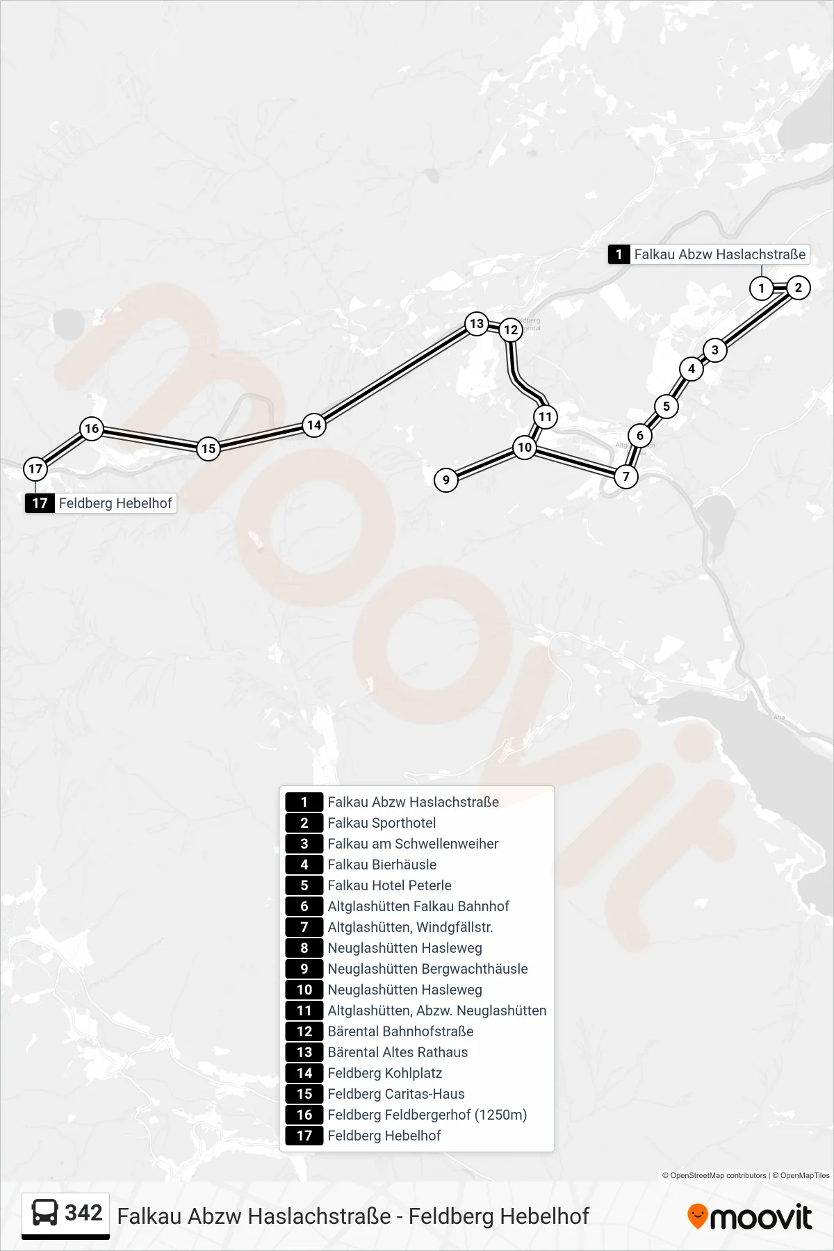 342 bus Line (Feldberg Hebelhof) route and stops on a map